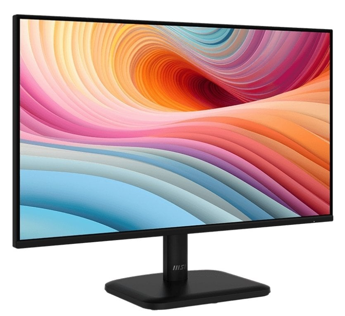 Un monitor de computadora que muestra una obra de arte abstracta colorida. El monitor es negro con un soporte negro.