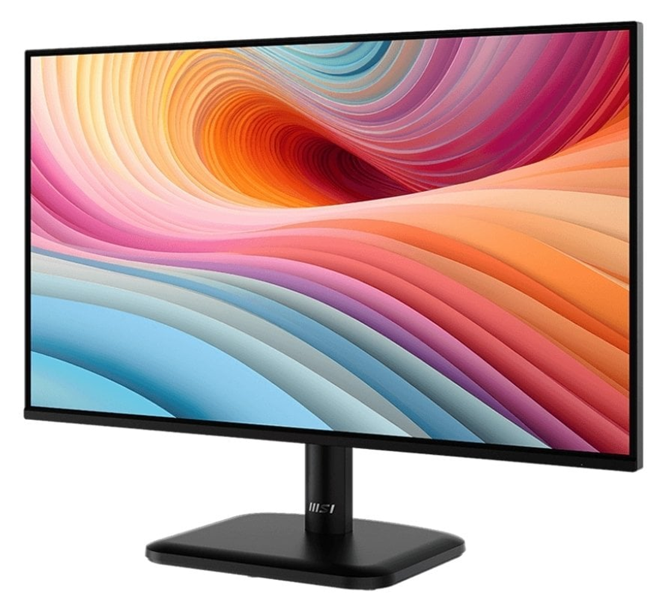 Monitor de computadora mostrando una imagen abstracta con líneas curvas coloridas.