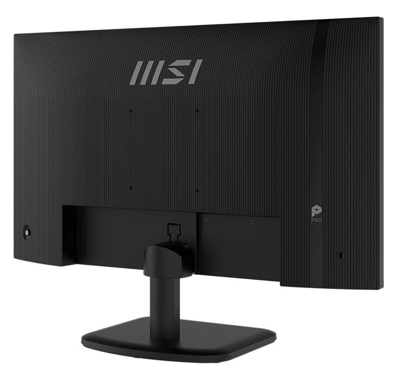 Vista trasera de un monitor de computadora negro con el logotipo de MSI y una base negra.