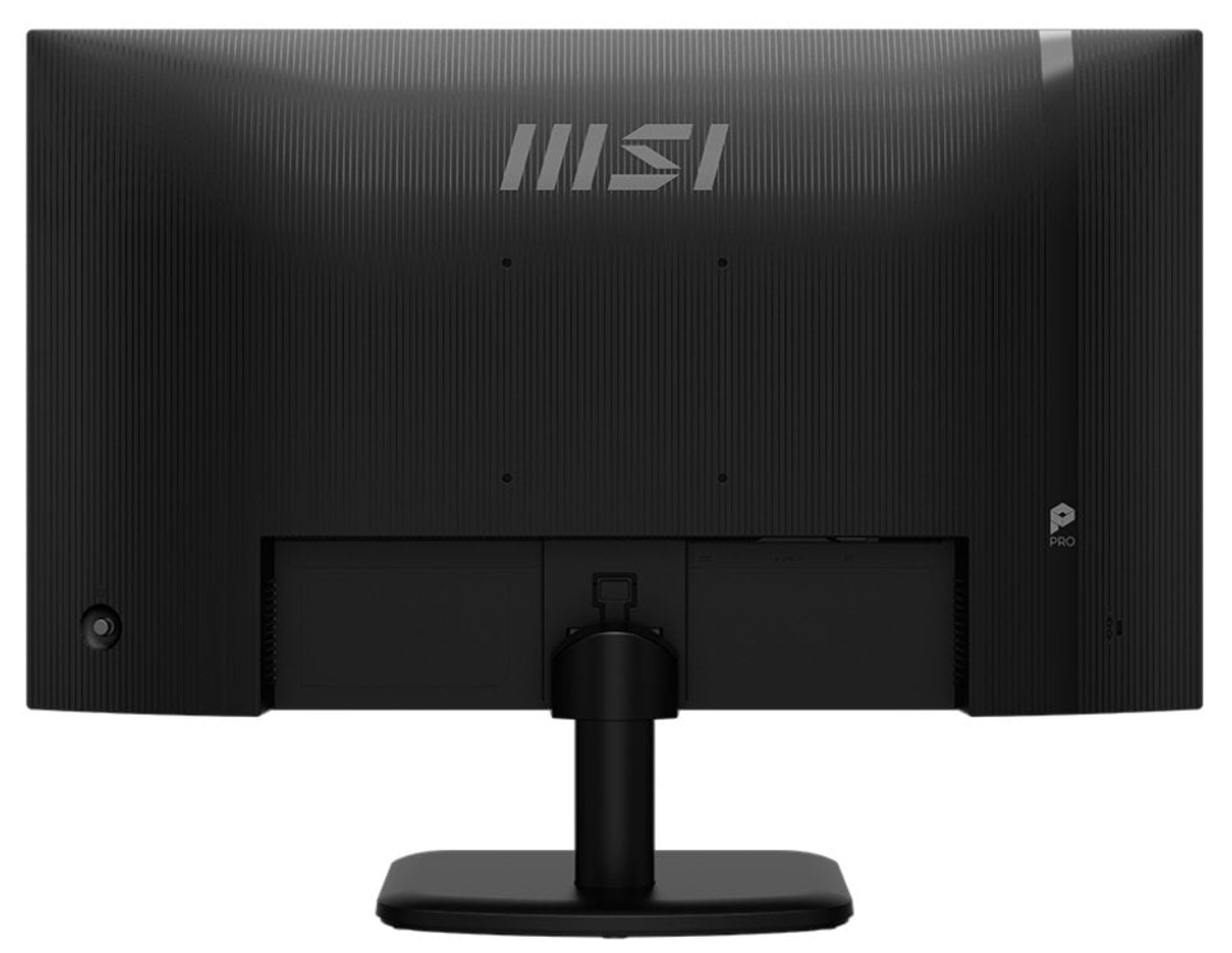 Vista trasera de un monitor de computadora negro con el logotipo de MSI y un soporte negro.