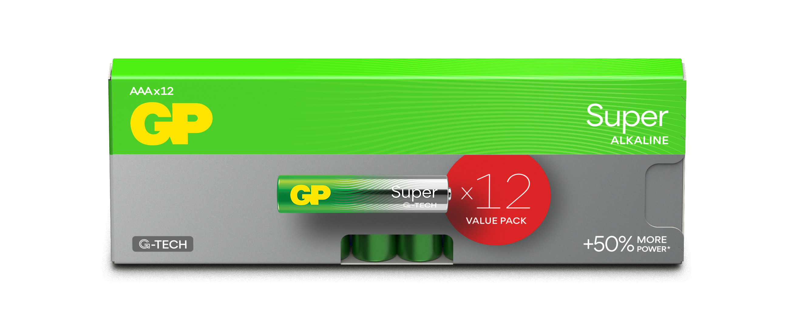 Confezione di batterie verde e grigia con batterie AAAx12. Il marchio è GP, con la scritta 'Super Alkaline'.