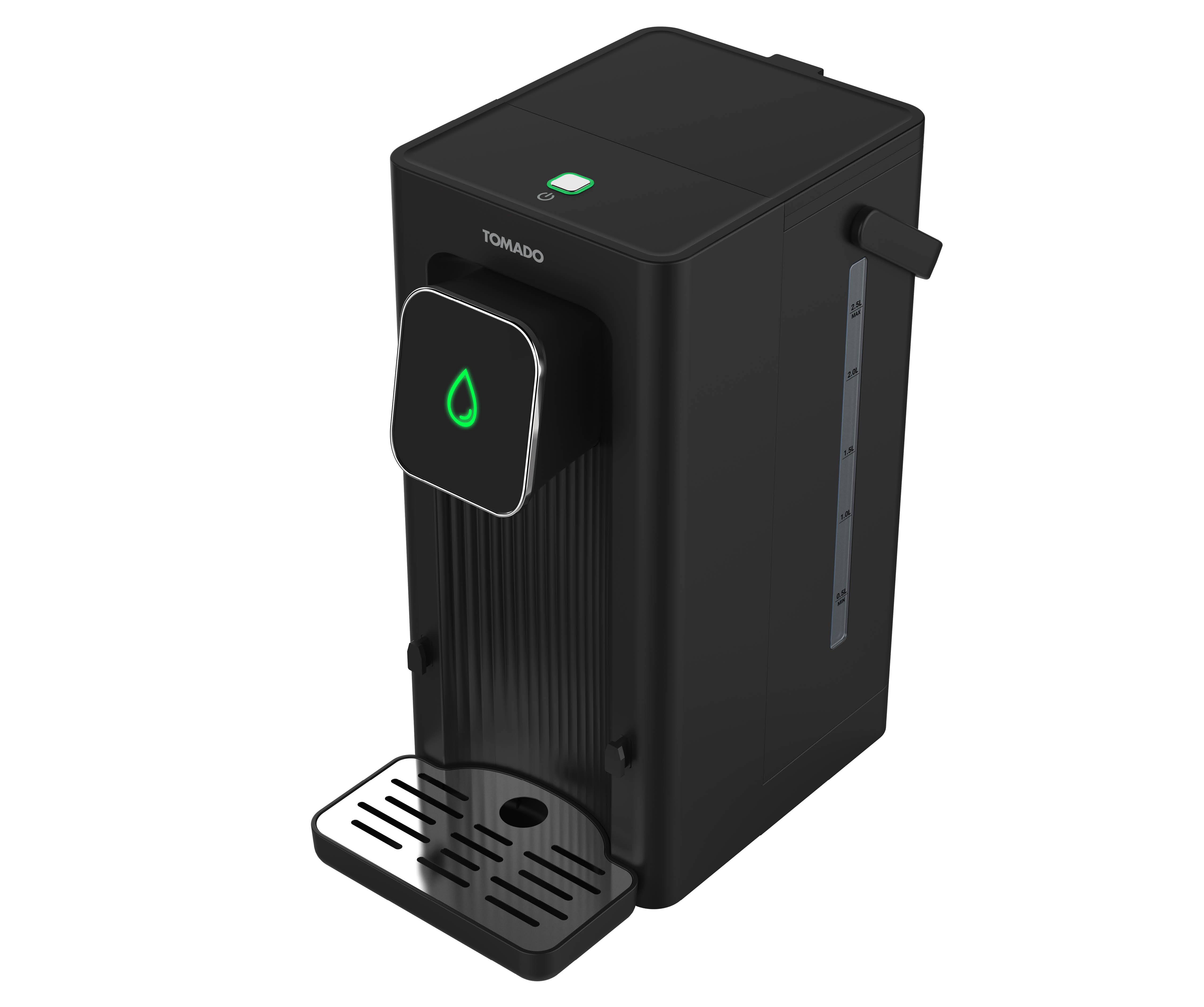 Zwarte waterdispenser met een groen licht. De merknaam is TOMADO.