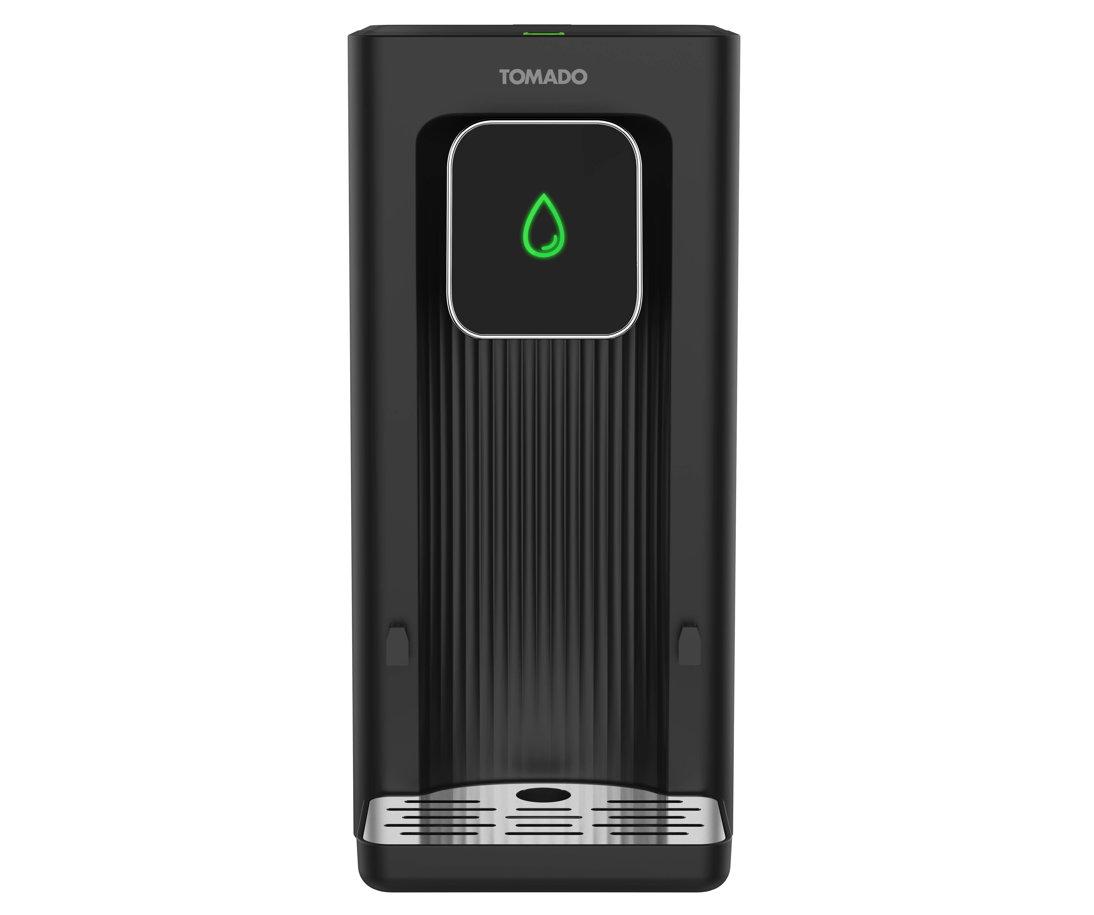 Zwarte Tomado waterdispenser met een groene waterdruppel op het voorpaneel. Zilveren voet.