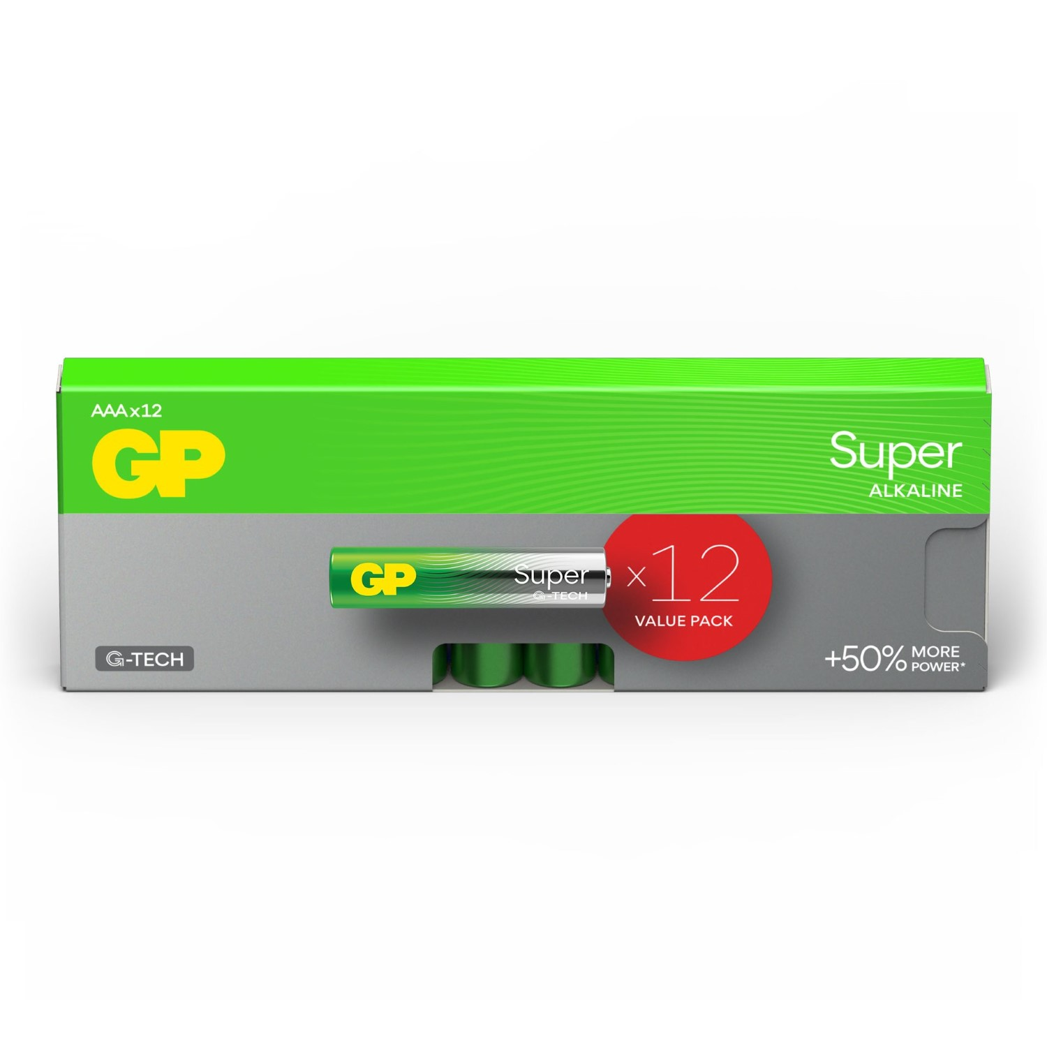 Confezione di batterie verde e grigia con batterie AAAx12. Il marchio è GP, con la scritta 'Super Alkaline'.