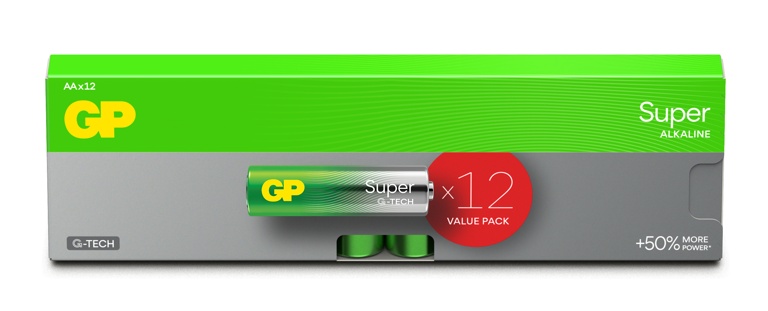 Confezione di batterie AA GP verdi e grigie. Batterie Super Alkaline, confezione da dodici. Sfondo verde e bianco.