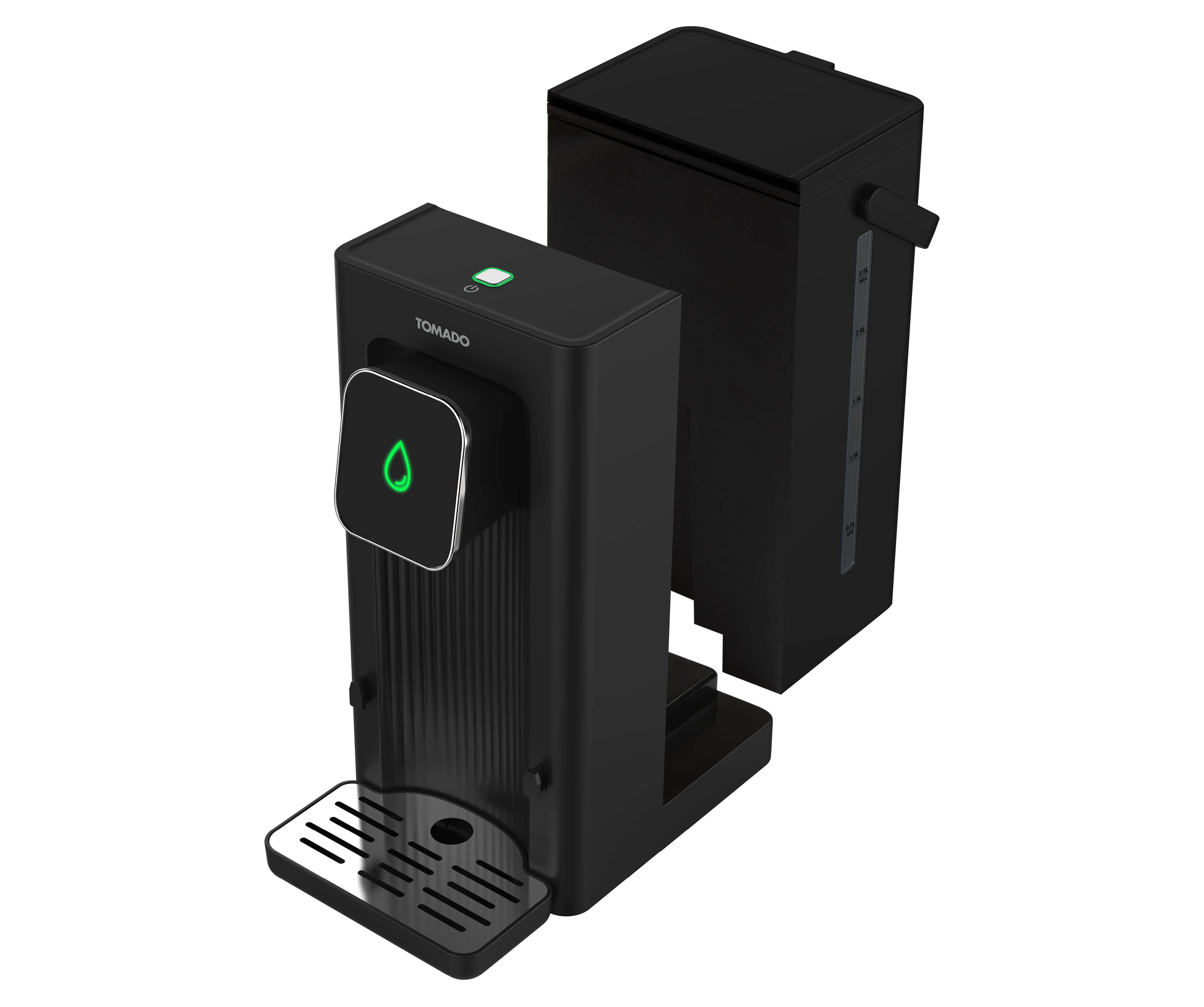 Zwarte Tomado waterdispenser met een apart zwart waterreservoir. Zilveren lekbak en groen icoon.