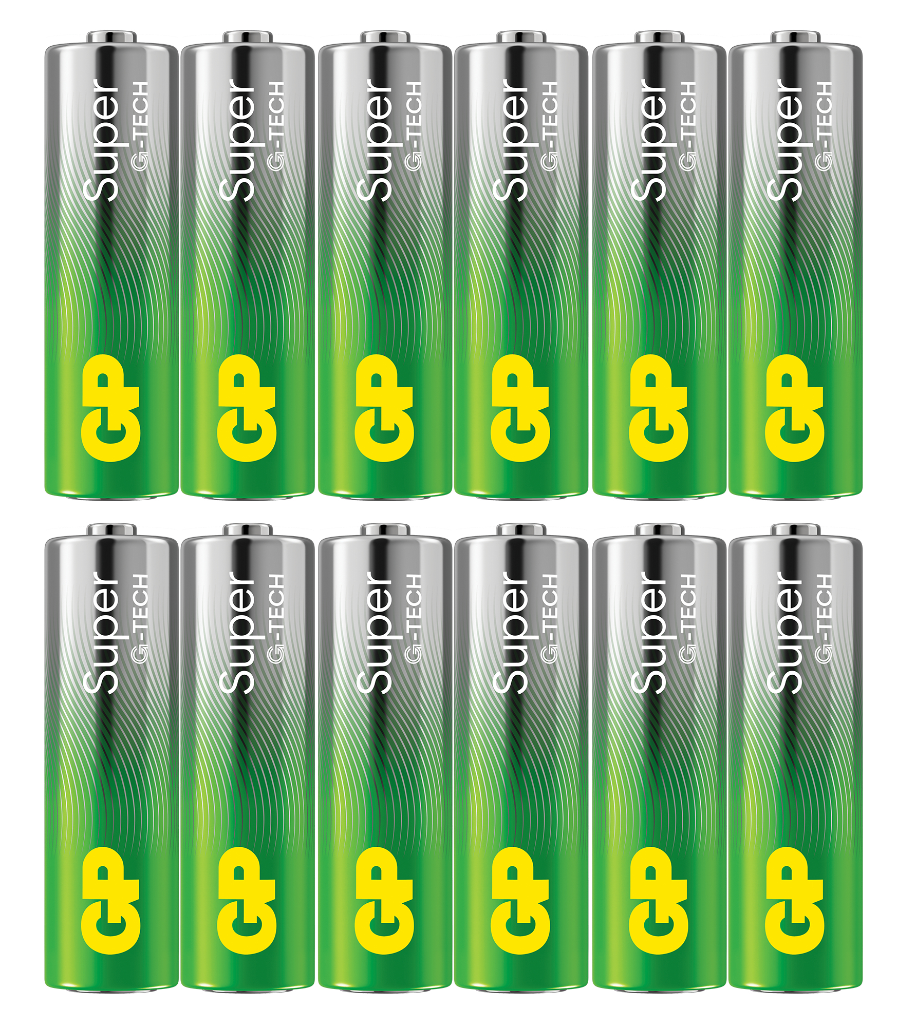 Una dozzina di batterie GP Super G-TECH verdi e argentate. Disposte su tre file. Sfondo bianco.