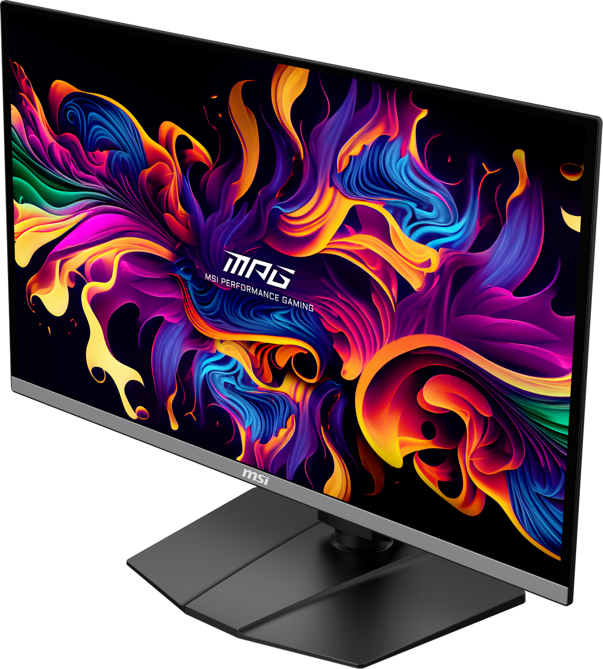 Czarny monitor gamingowy MSI z kolorową sztuką abstrakcyjną na ekranie. Czarna podstawa i stojak.