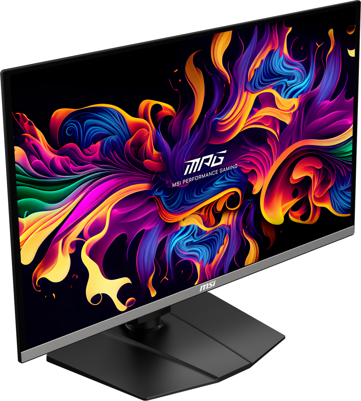 Monitor z kolorową sztuką abstrakcyjną i tekstem 'MAG MSI PERFORMANCE GAMING'.