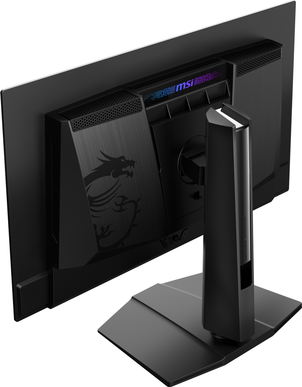 Widok z tyłu czarnego monitora komputera. Logo MSI, wzór smoka, otwory wentylacyjne i stojak.