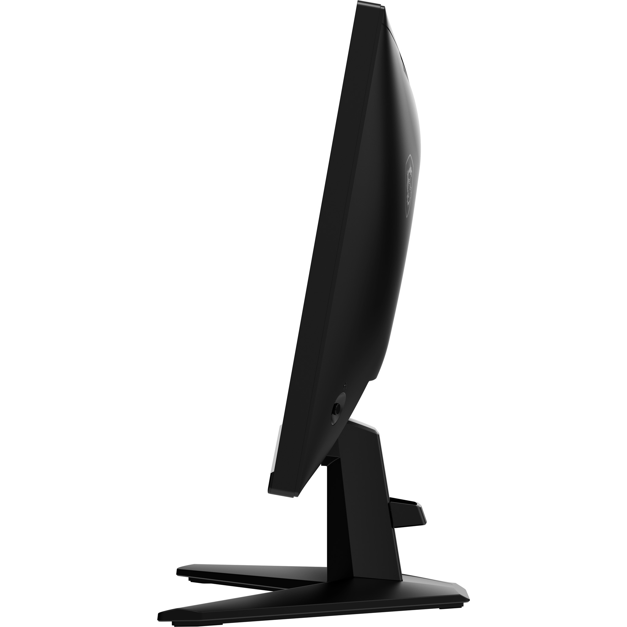 Widok z boku czarnego monitora z czarną podstawą na białej powierzchni.