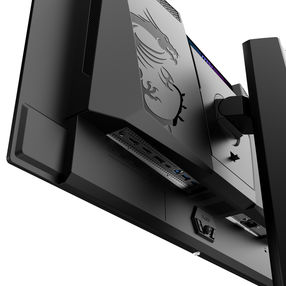 Zbliżenie na tył czarnego monitora z logo MSI i portami. Widok pod kątem.