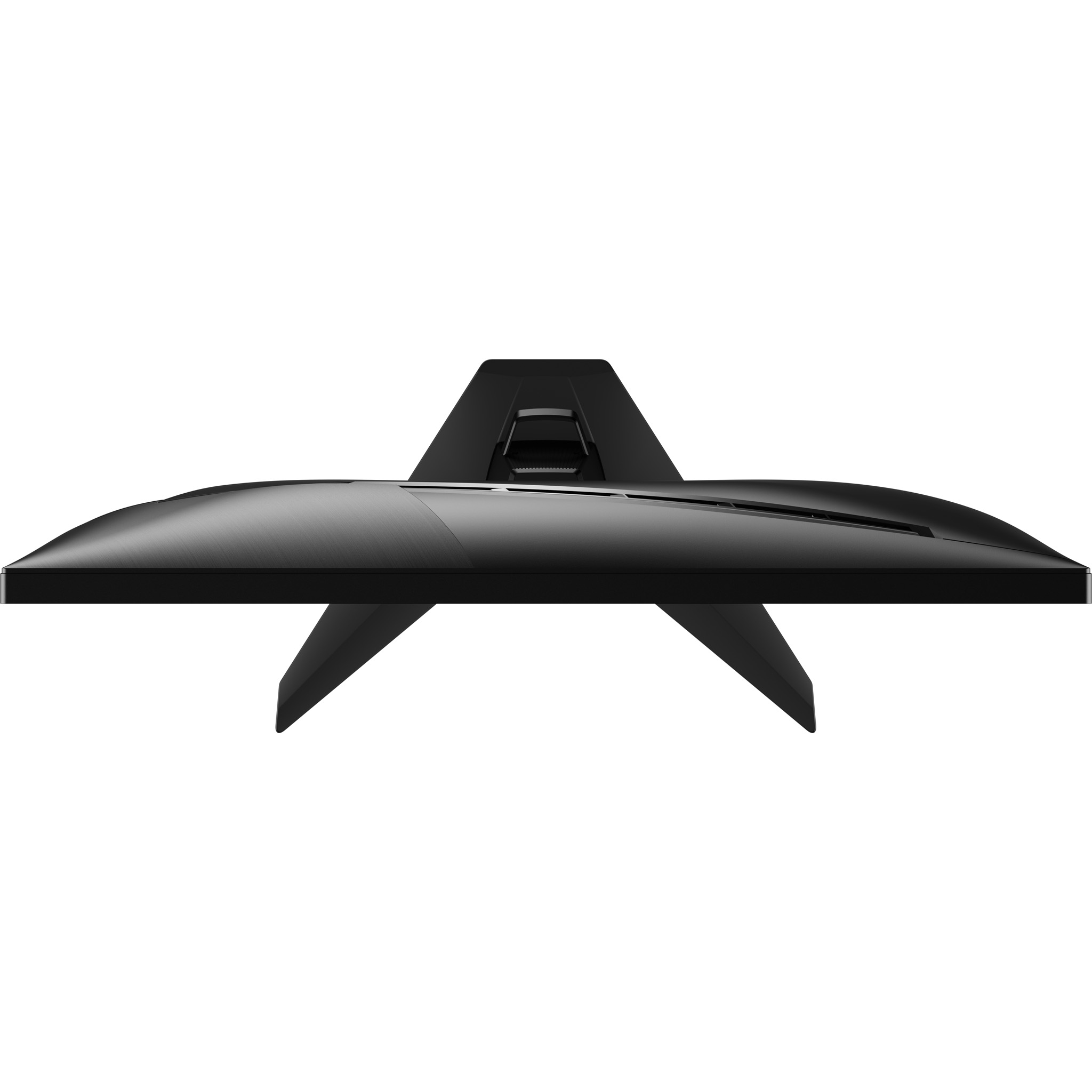 Widok z góry na czarny monitor MSI. Pokazuje konstrukcję stojaka. Czarne tło.