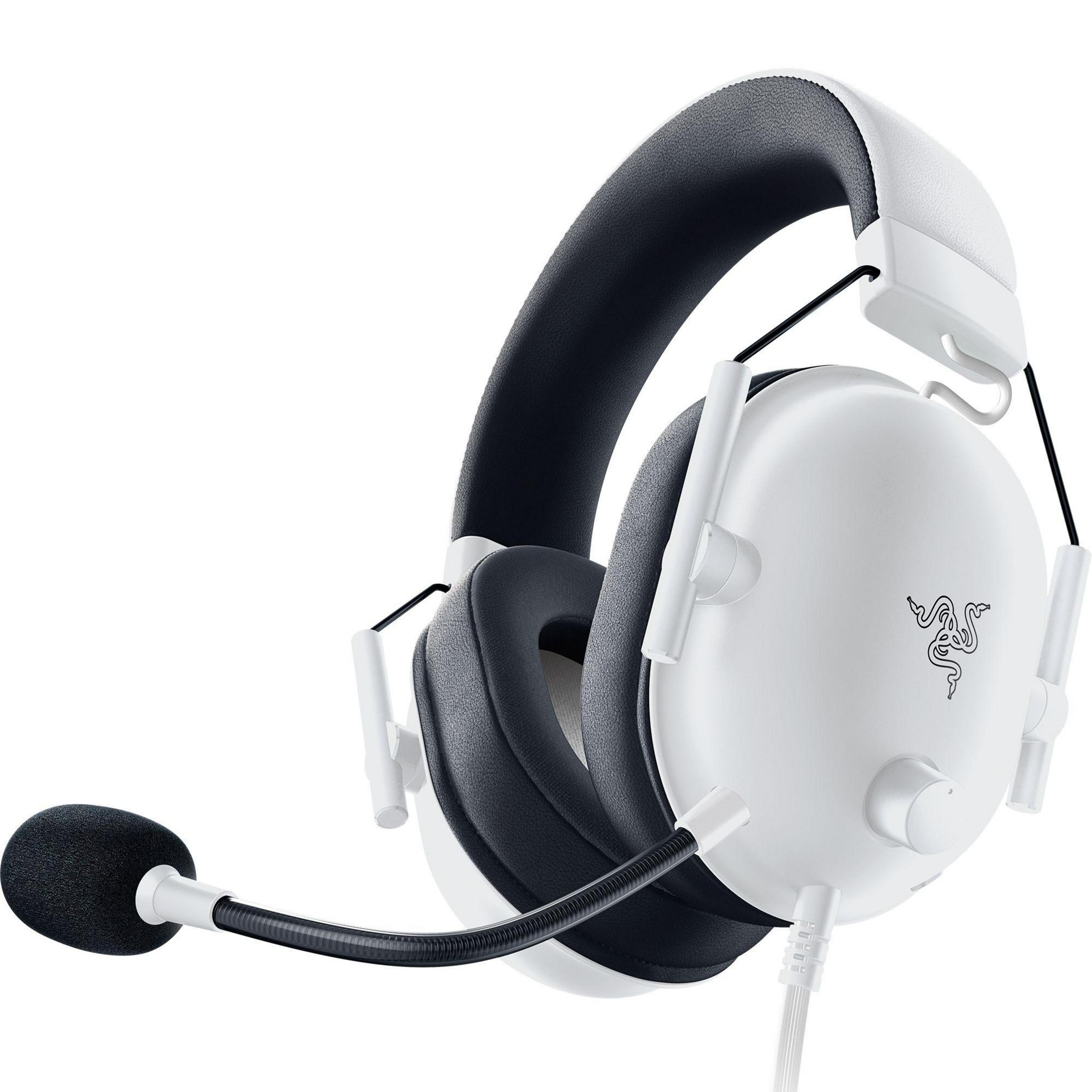 Weißes Headset mit schwarzem Mikrofon, weißer Hintergrund.