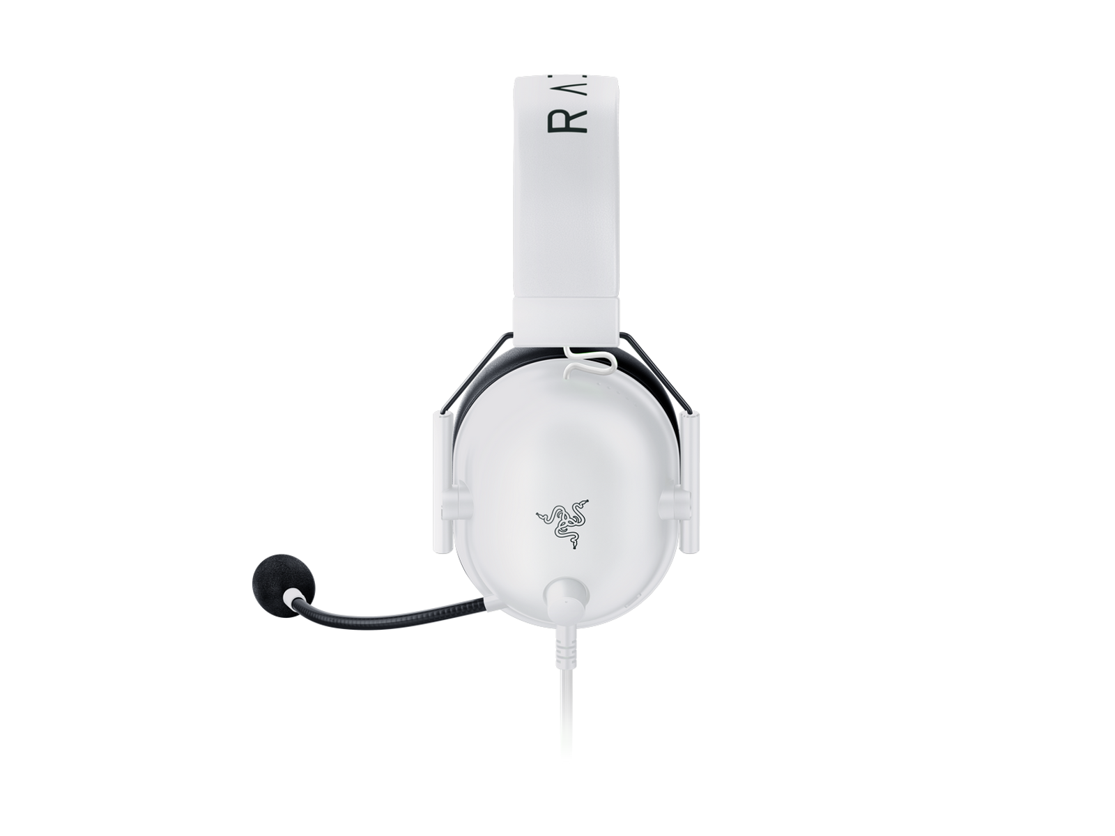 Weißes Gaming-Headset, Draufsicht. Razer-Logo und Mikrofon sichtbar.