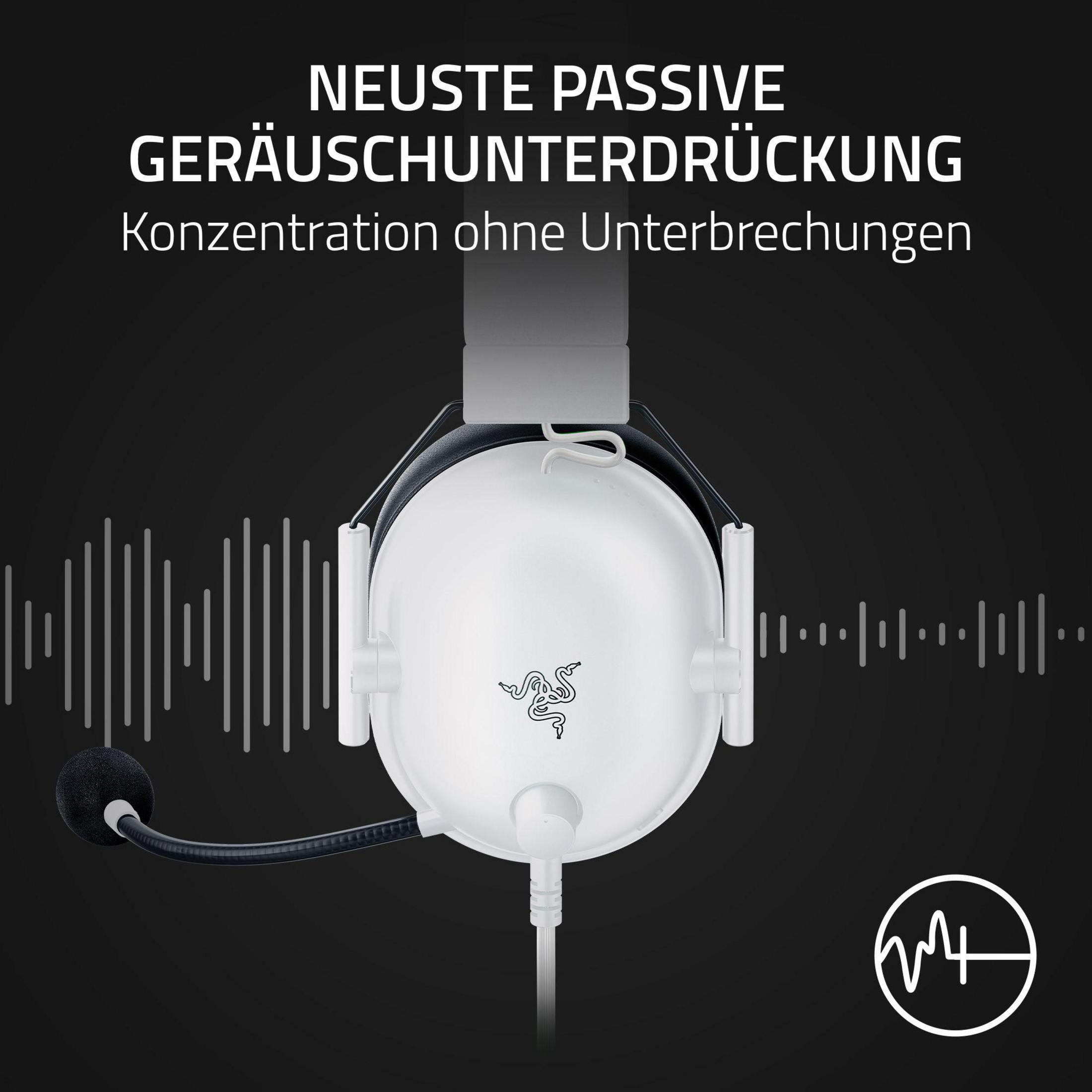 Weißes Headset mit Mikrofon. Text: Passive Geräuschunterdrückung, Konzentration ohne Unterbrechung. Grafik mit Schallwellen.