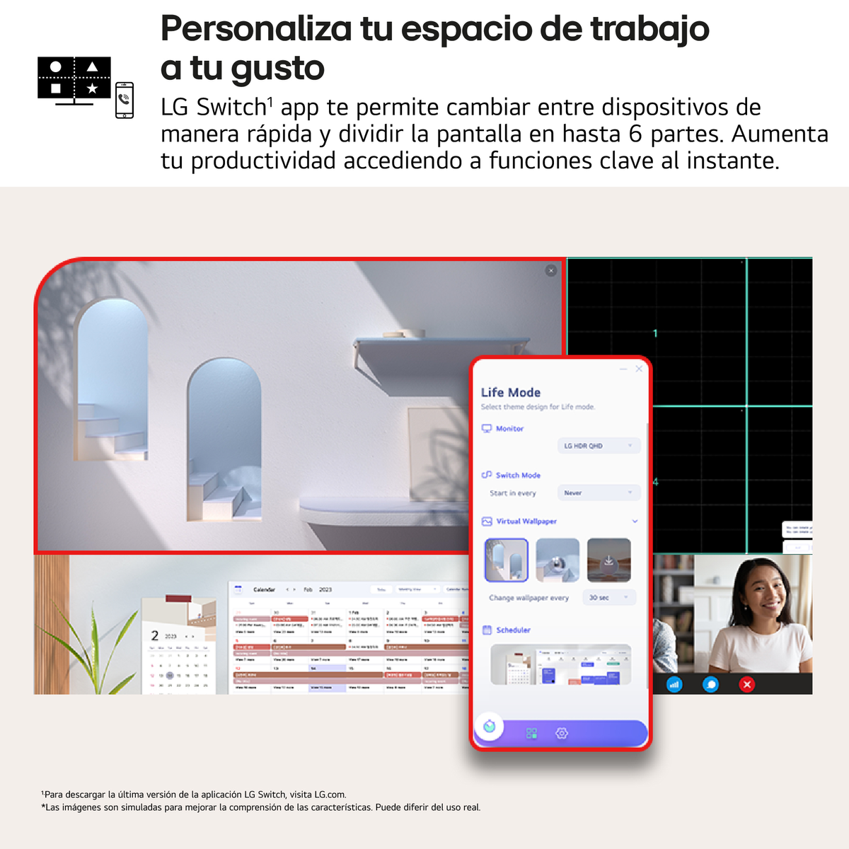 Kobieta używająca aplikacji LG Switch na monitorze z wieloma oknami i funkcjami.