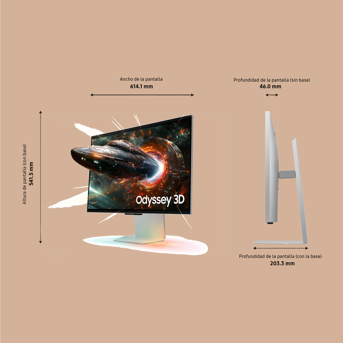 Monitor z wyświetlonymi wymiarami, widok z boku i z przodu. Na ekranie statek kosmiczny.