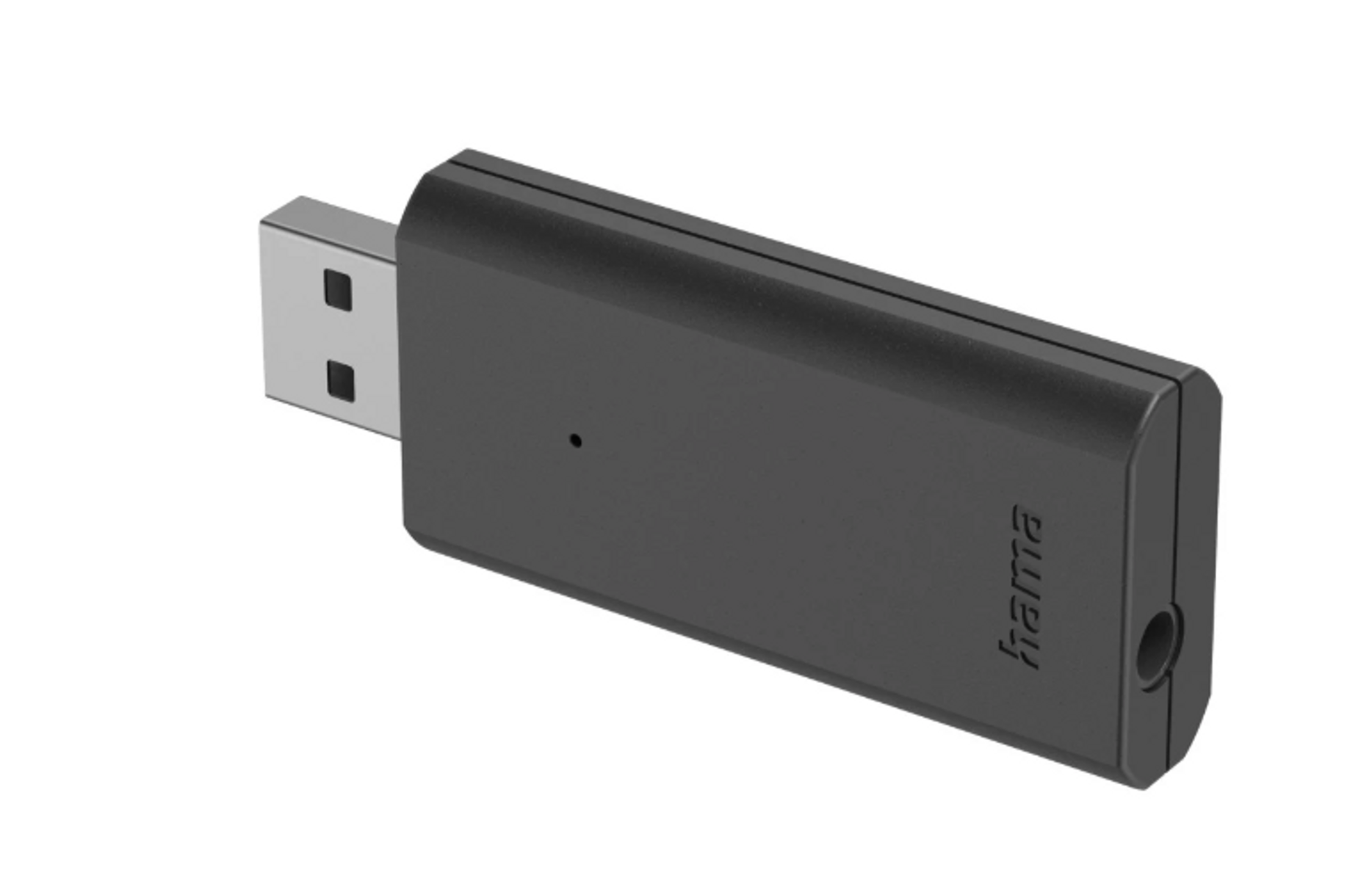 Schwarzer USB-Dongle mit weißem Hintergrund.