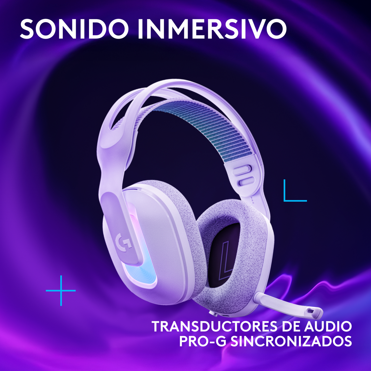 Gaming headset with RGB lights, blue plus sign, and audio transducers labeled.