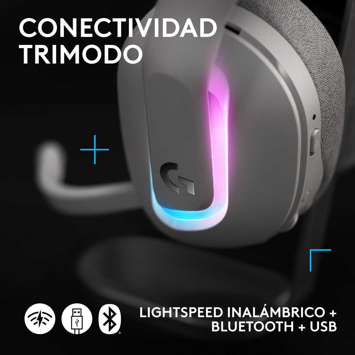 Gaming headset with RGB lights, wireless connection icons, and a blue plus sign.