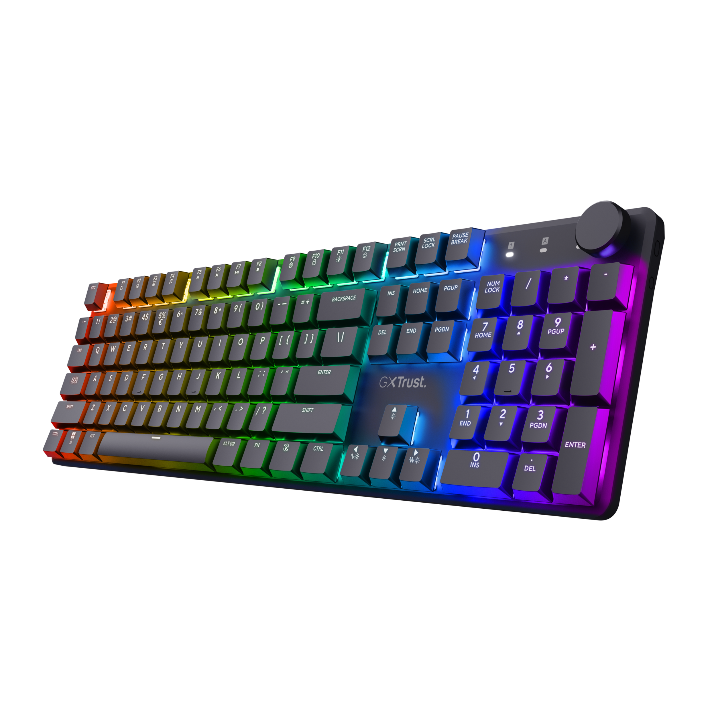 Czarna klawiatura z kolorowymi podświetlanymi klawiszami, widok z ukosa. Zawiera klawiaturę numeryczną i regulację głośności.
