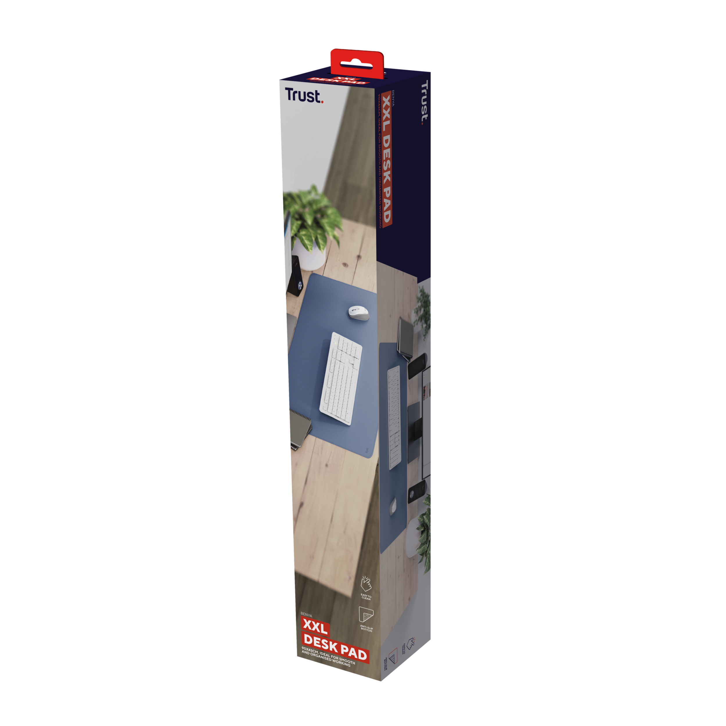 Productdoos toont een blauwe deskpad op een bureau. De doos heeft de productnaam en het merk.