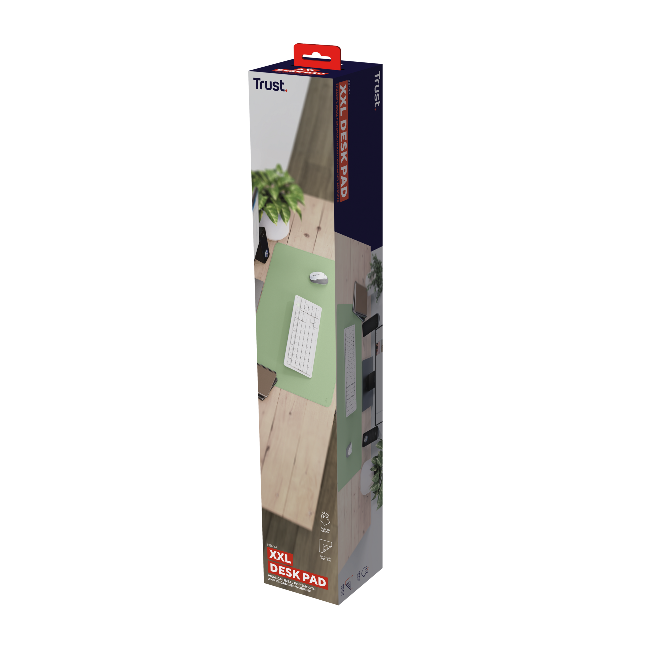 Product box shows a green desk pad on a desk. The box has the product name and brand.