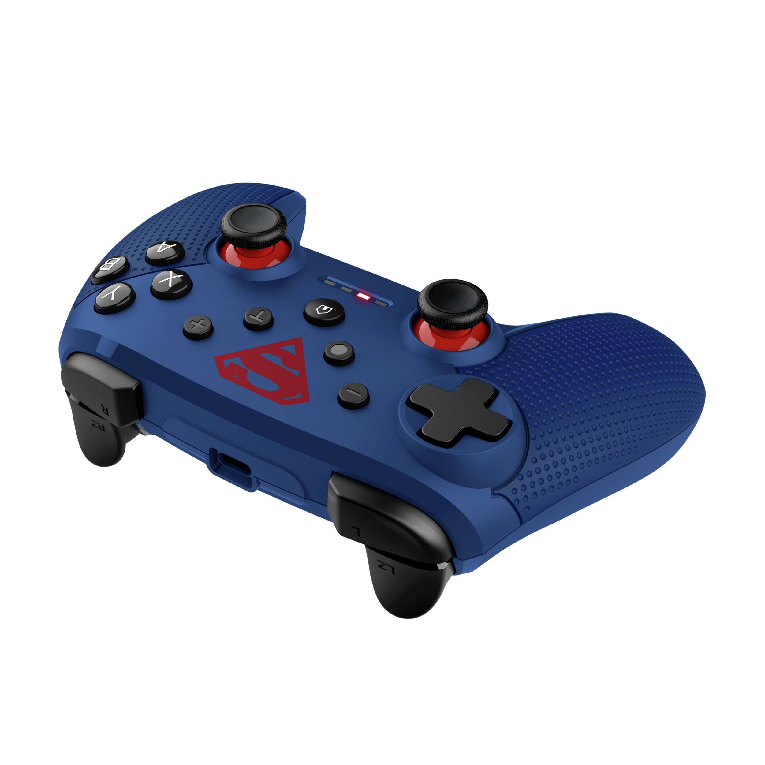Un controller di gioco blu con il logo di Superman e pulsanti. Lo sfondo è nero.