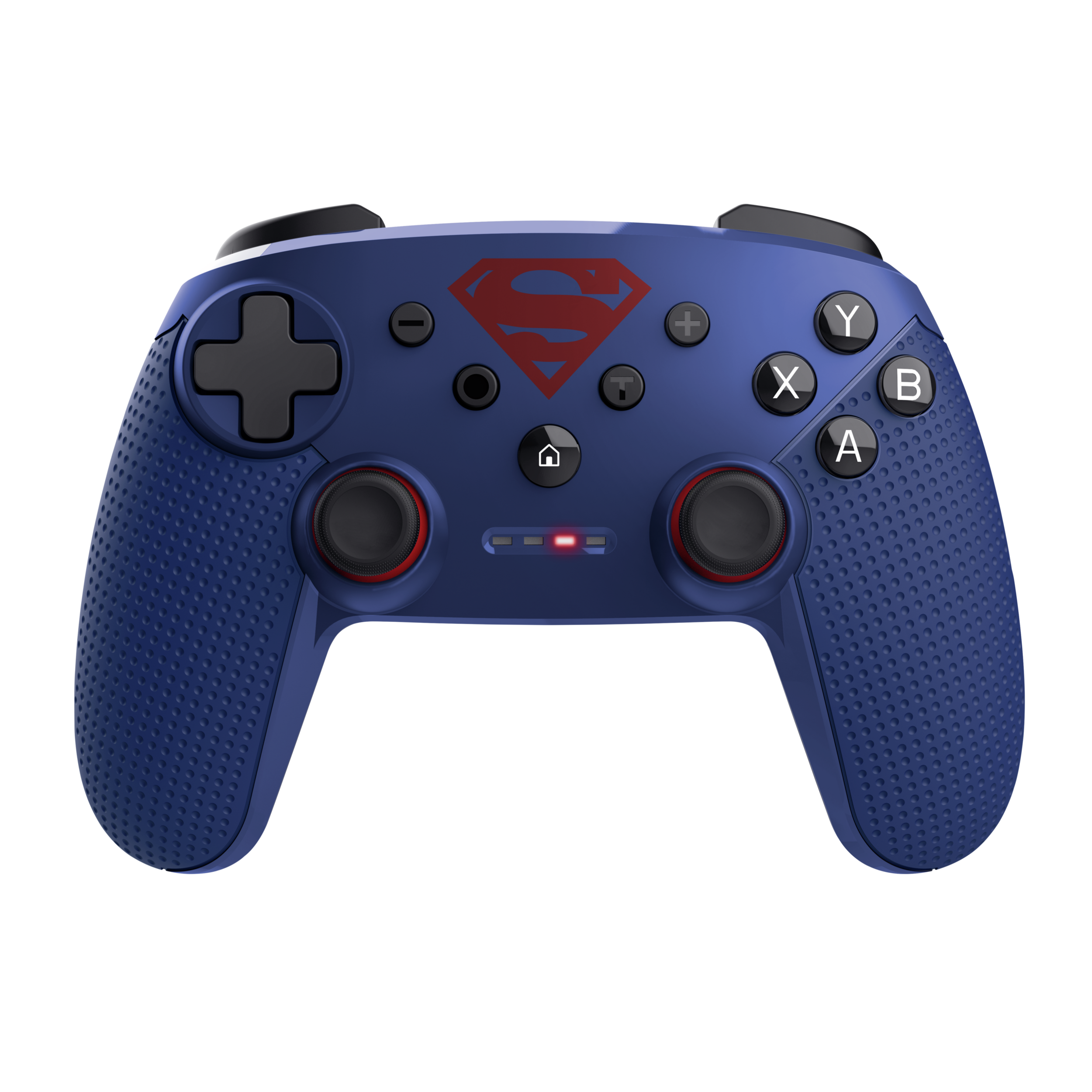 Controller di gioco blu con logo Superman. Caratteristiche: pulsanti, levette analogiche e un pad direzionale.