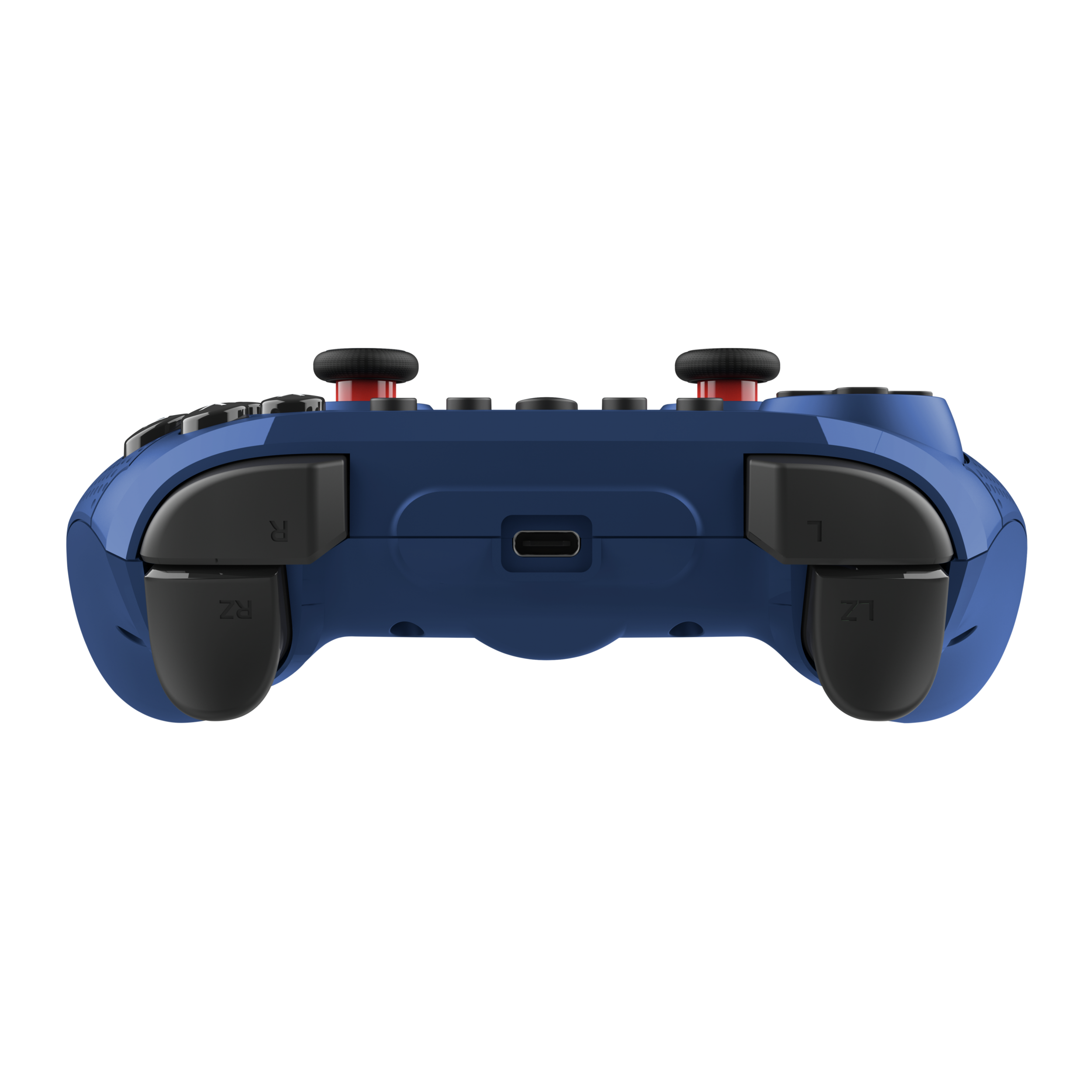 Un controller di gioco blu, che mostra il retro con i pulsanti R, L, RZ e LZ e una porta USB.