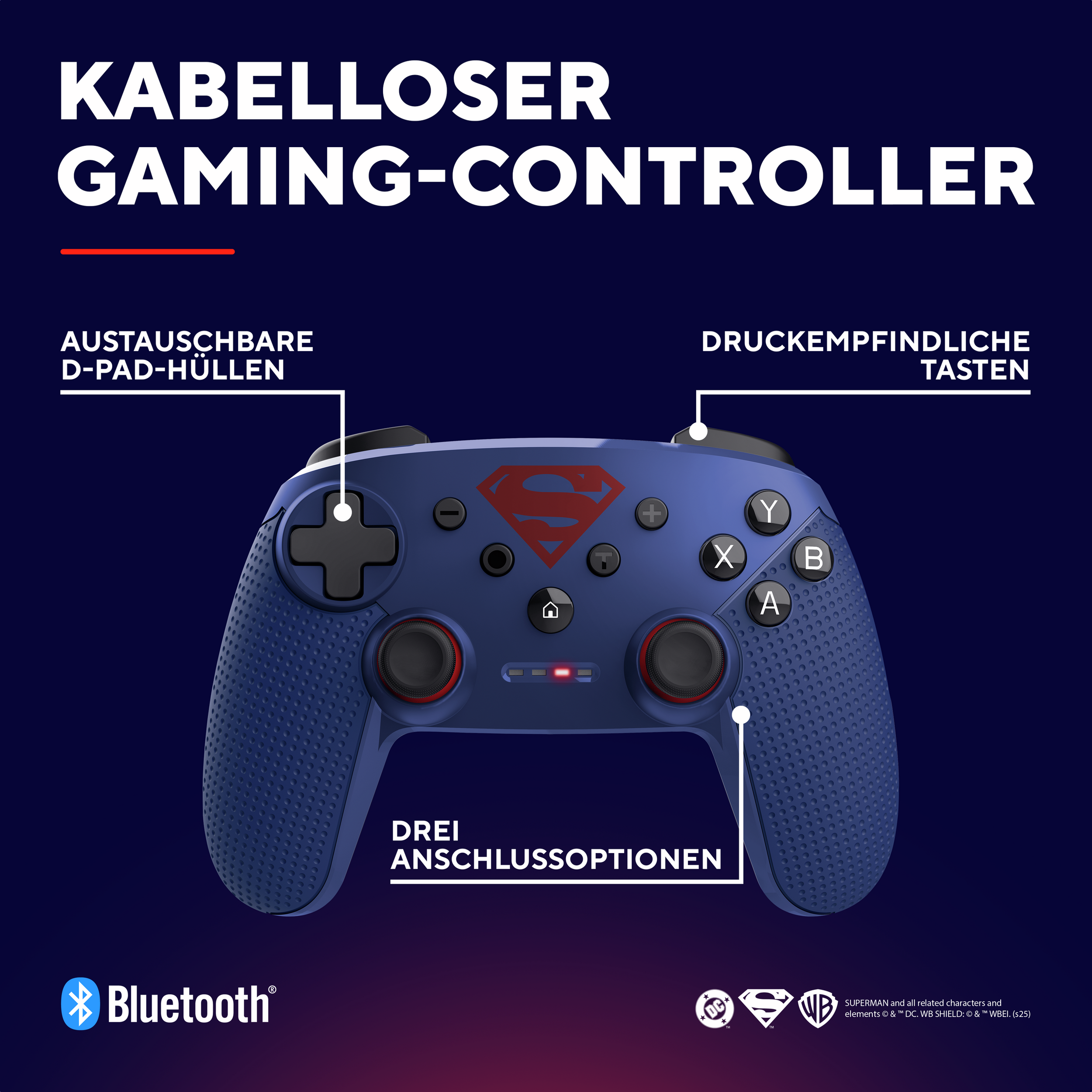 Un controller di gioco blu con il logo di Superman. Mostra Bluetooth, opzioni di connessione e coperture D-pad.
