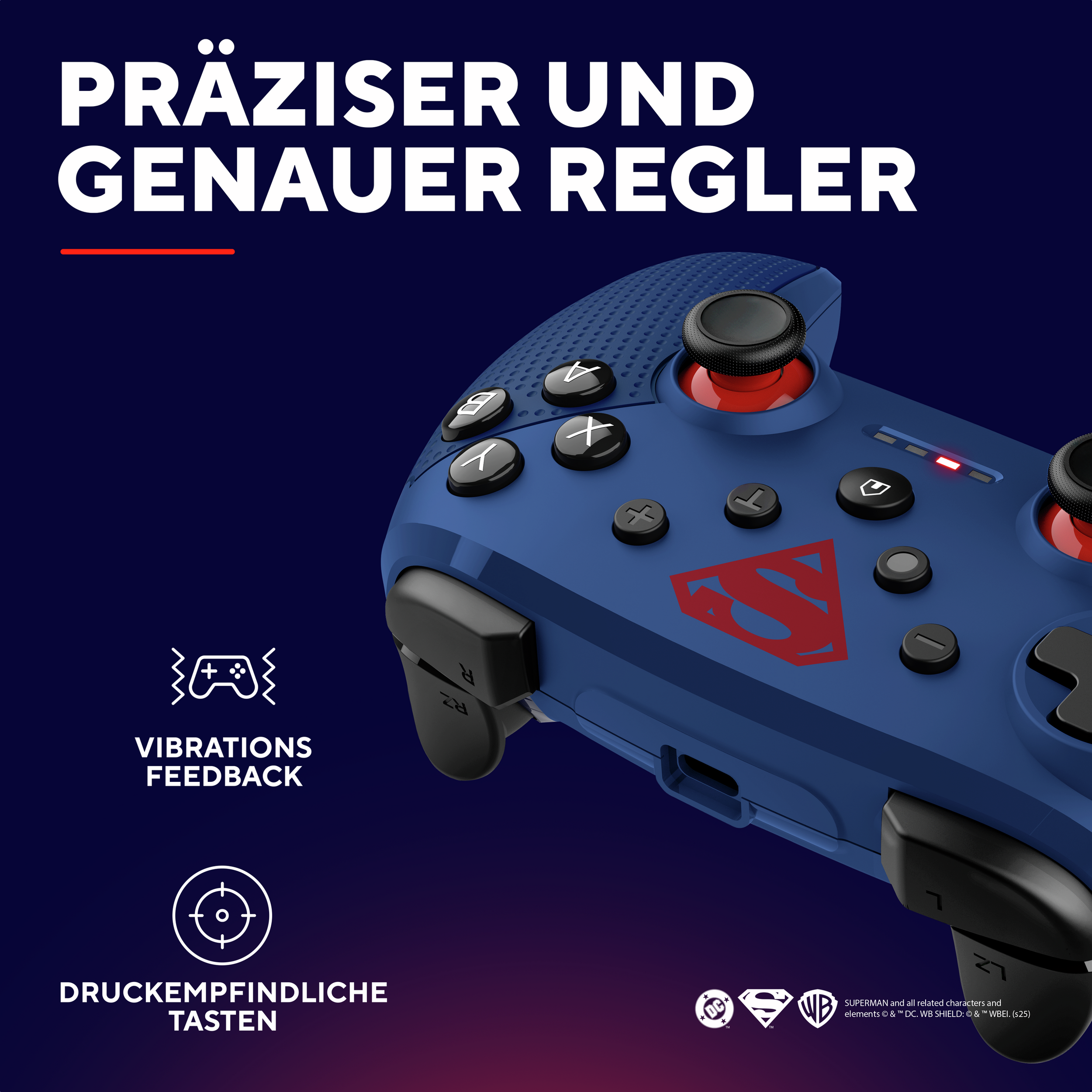 Un controller di gioco blu con il logo di Superman. Mostra feedback di vibrazione e pulsanti sensibili alla pressione.
