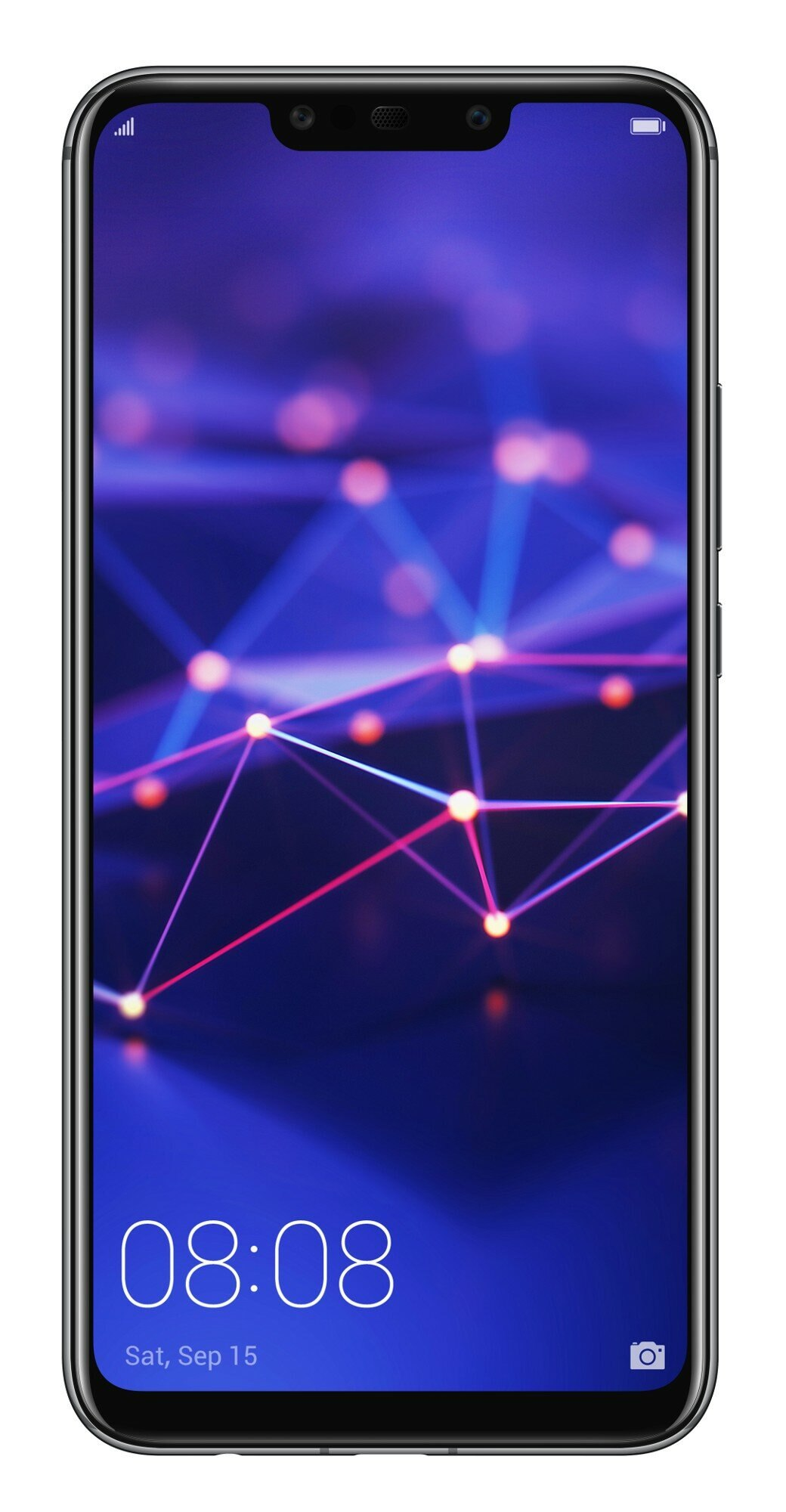 Schwarzer Huawei-Telefonschirm mit abstrakten blauen und roten Linien. Weißer Hintergrund.
