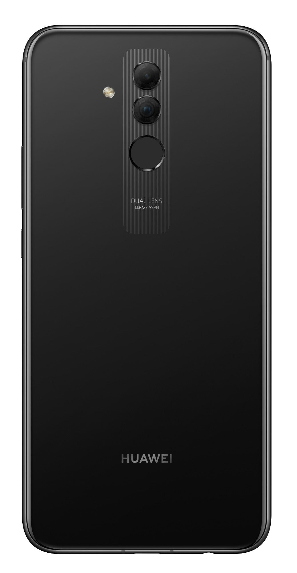 Schwarze Telefonrückseite mit Doppellinsen-Kamera und 'HUAWEI'-Logo. Weißer Hintergrund.