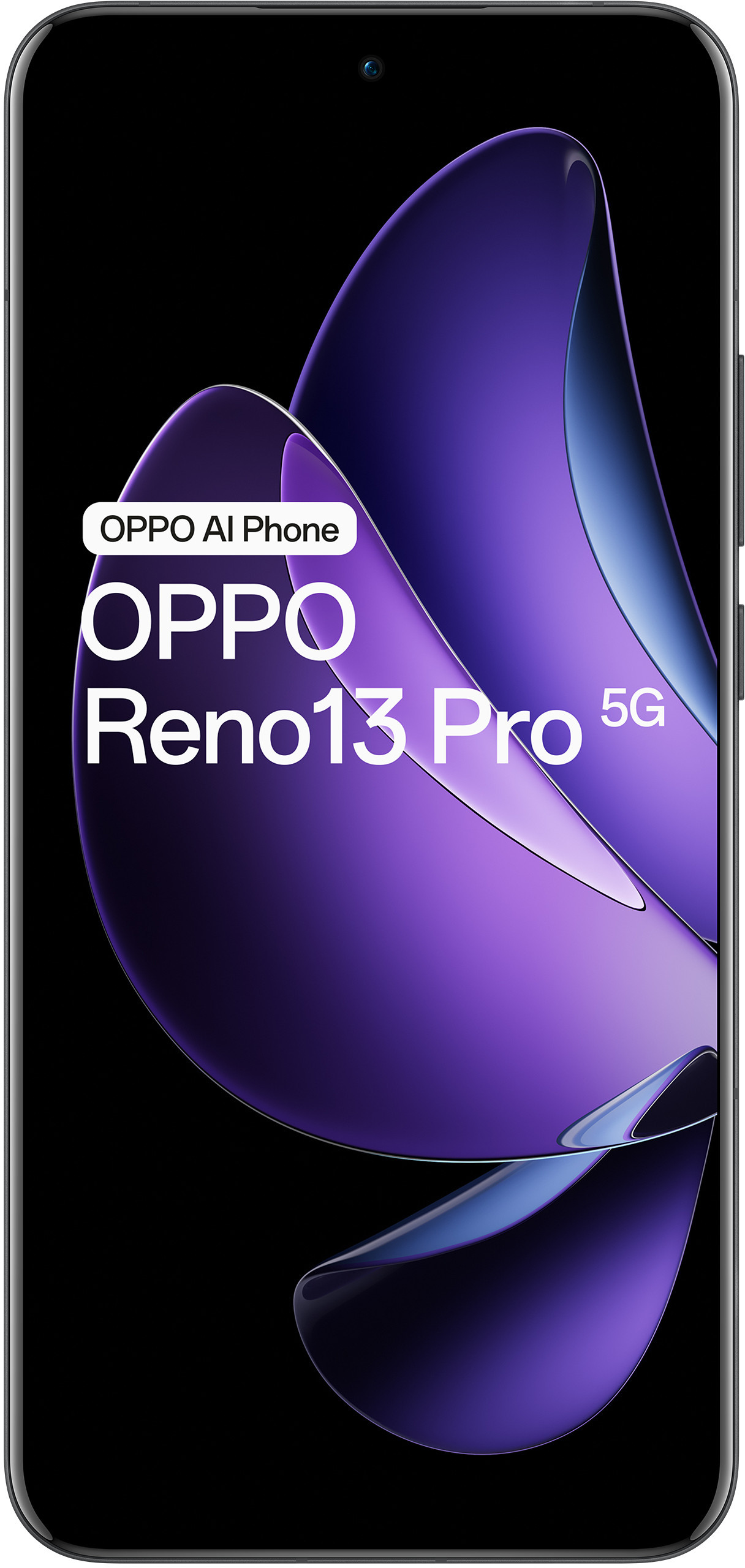 Telefono OPPO Reno13 Pro 5G, vista frontale. Mostra un design astratto viola. Testo sullo schermo: OPPO AI Phone.