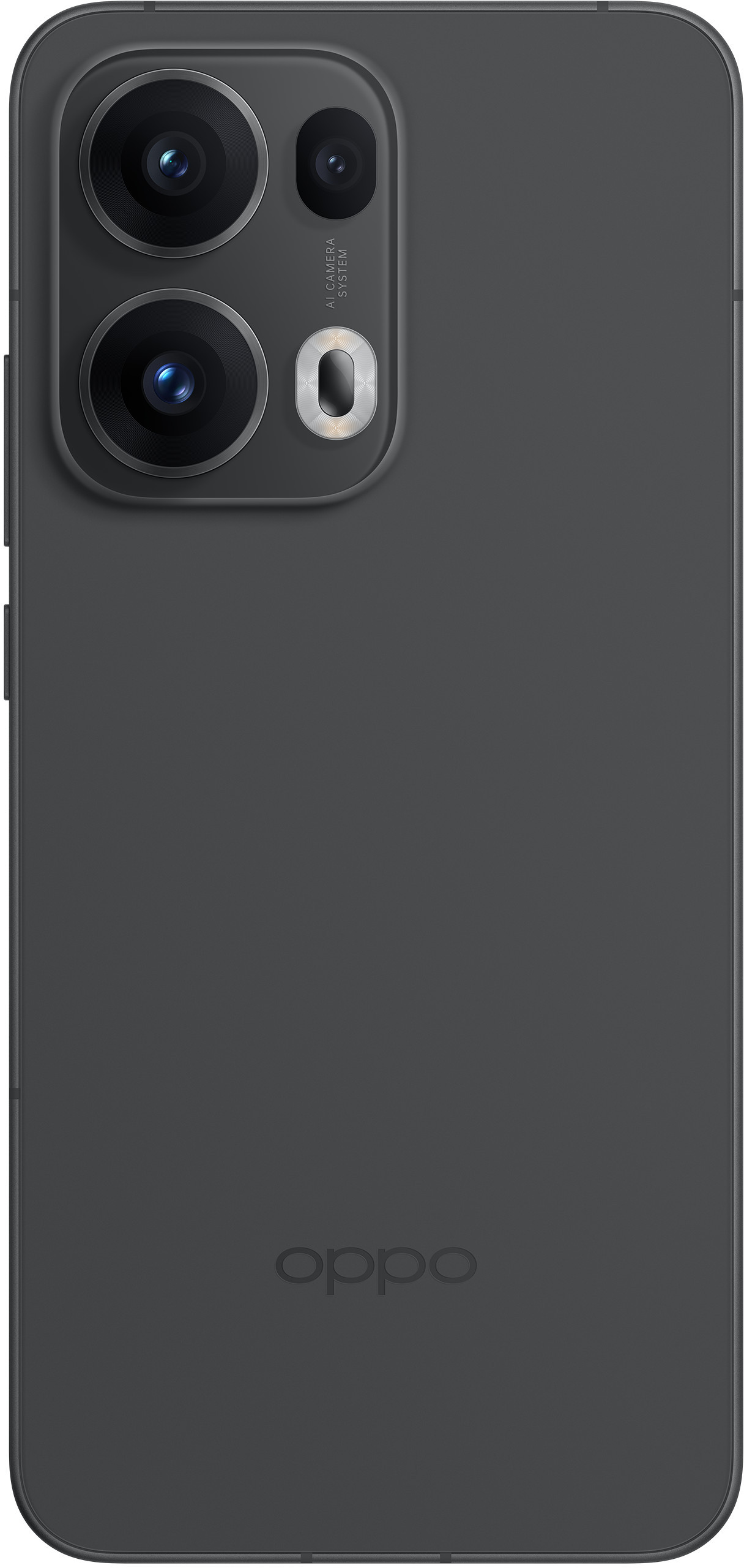 Retro del telefono Oppo, grigio. Ha tre fotocamere e il logo Oppo in basso.