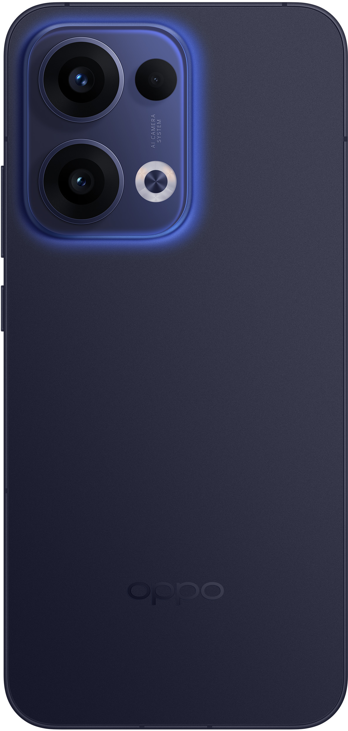 Retro del telefono Oppo blu scuro con tripla fotocamera. Il logo Oppo è visibile.