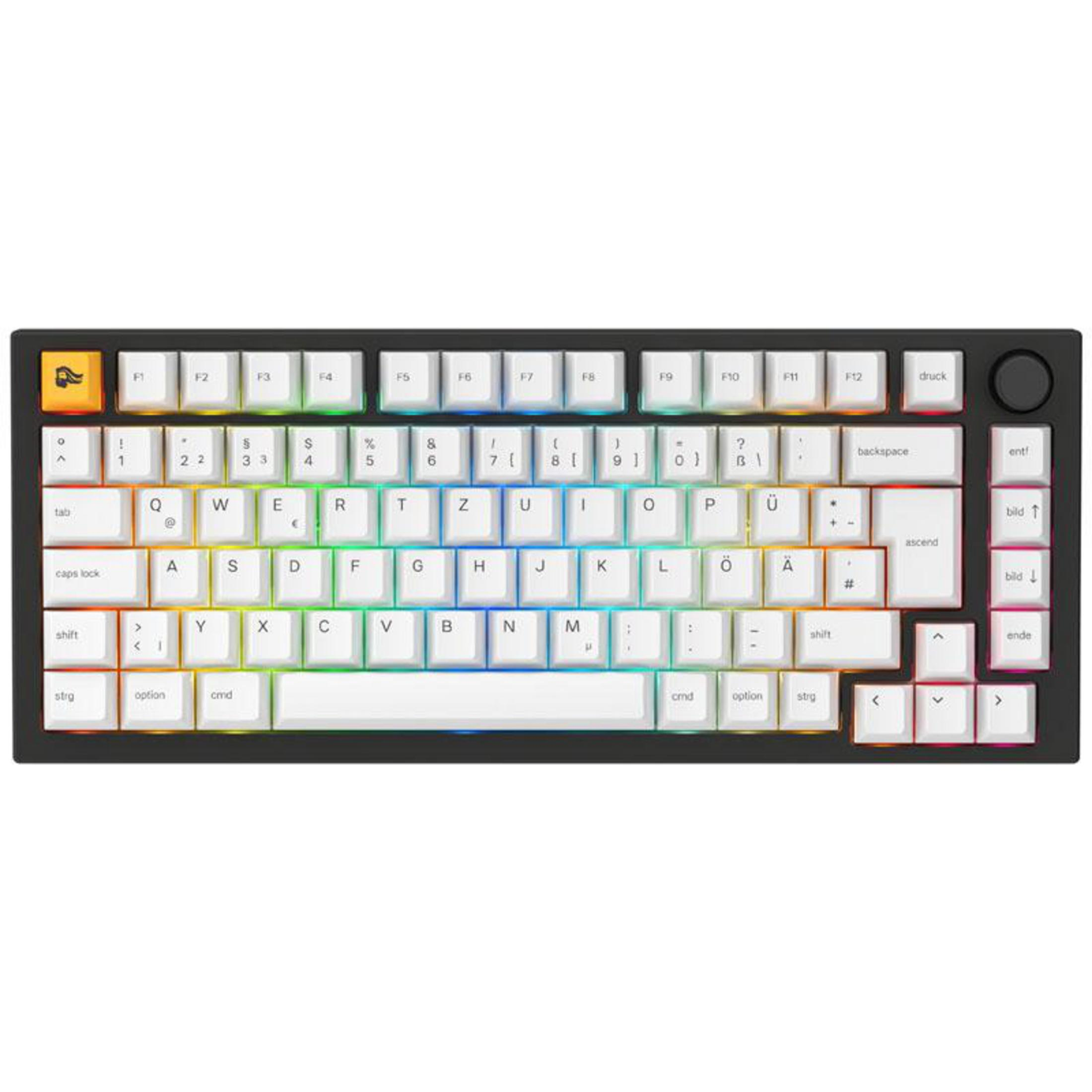 Eine weiße Tastatur mit verschiedenen Tasten, einschließlich einer farbenfrohen Reihe von Funktionstasten oben.