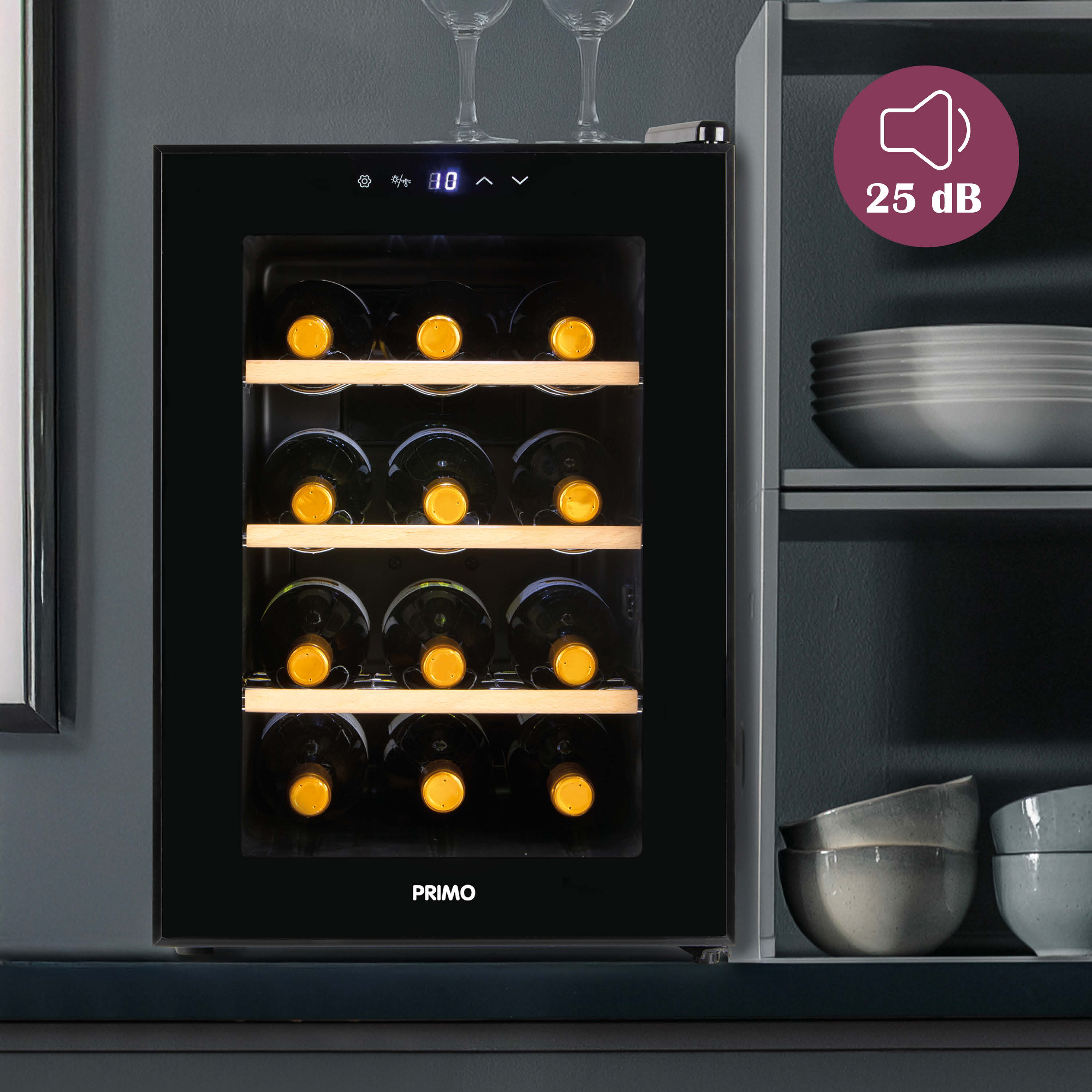 A black wine cooler with bottles inside and a label. The sound level is 25 dB.
