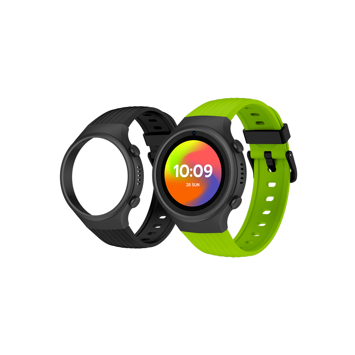 Zwei schwarze Smartwatches, eine mit farbenfrohem Bildschirm und grünem Armband.