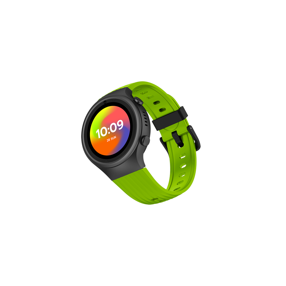 Smartwatch mit farbenfroher Anzeige und grünem Armband auf schwarzem Hintergrund.