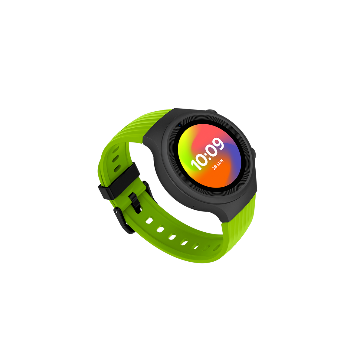 Smartwatch mit schwarzem Gehäuse und limettengrünem Armband. Der Bildschirm zeigt buntes Display.