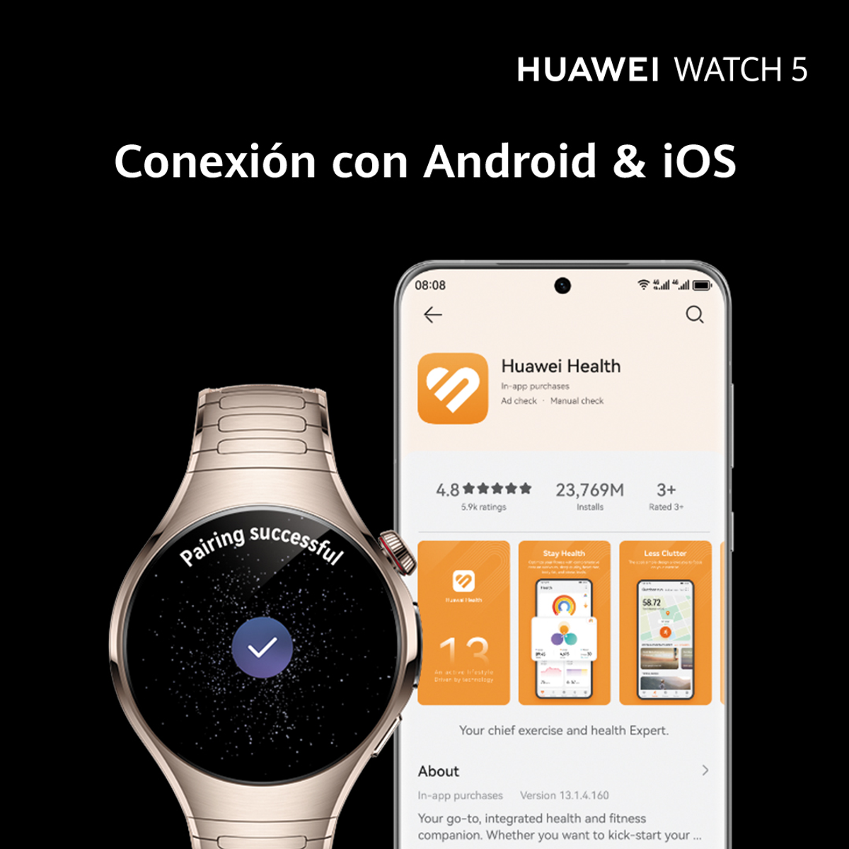Smartwatch y pantalla del teléfono mostrando información de la aplicación, fondo negro.