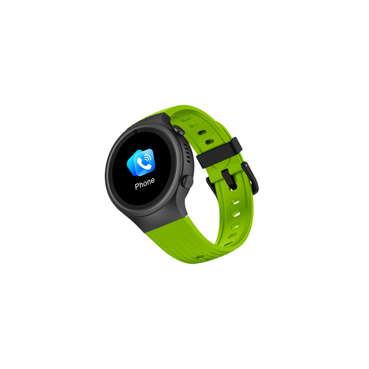 Smartwatch mit Telefonsymbol und grünem Armband, auf schwarzem Hintergrund.