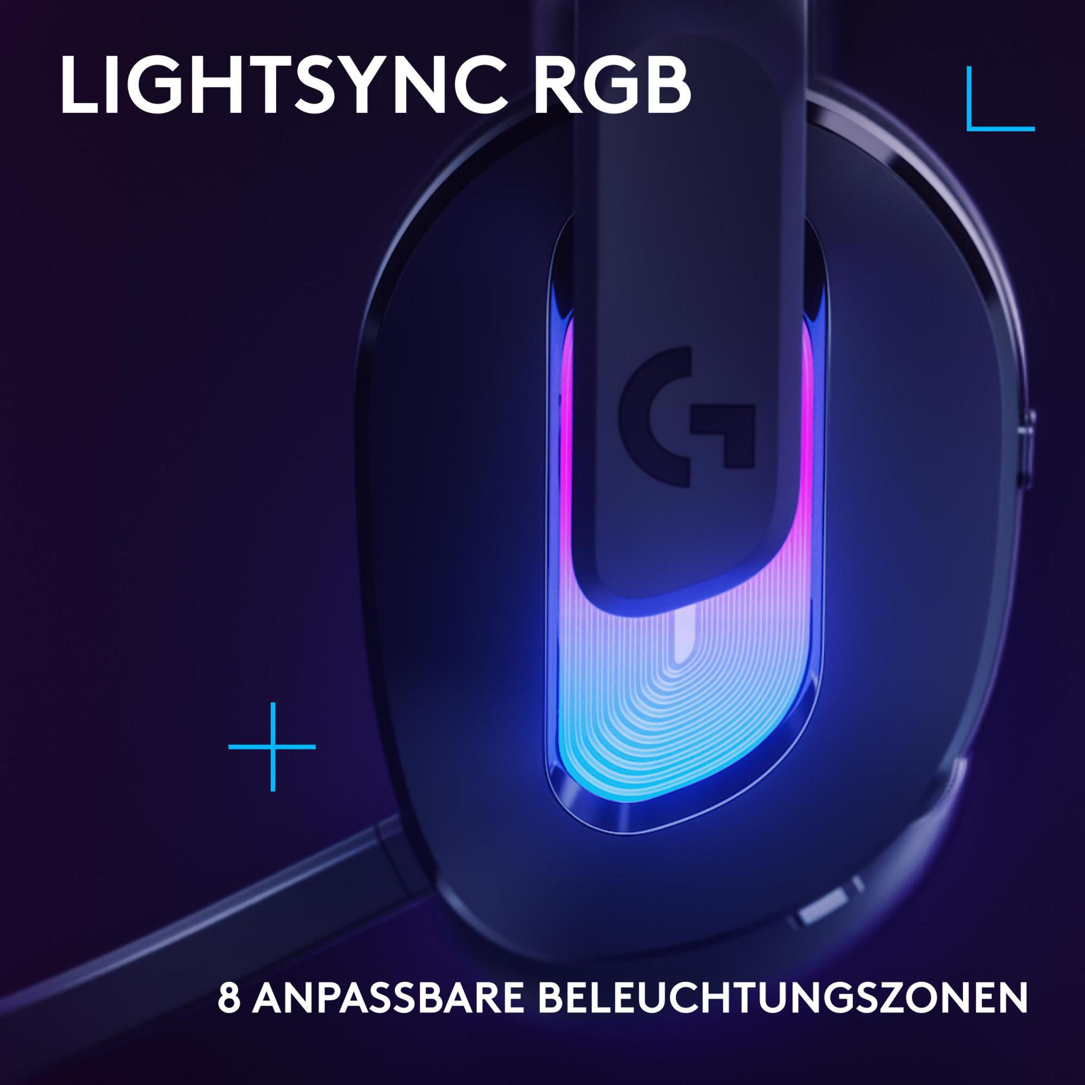 Zbliżenie zestawu słuchawkowego dla graczy z podświetleniem RGB. Tekst: 'LIGHTSYNC RGB' i '8 stref'.