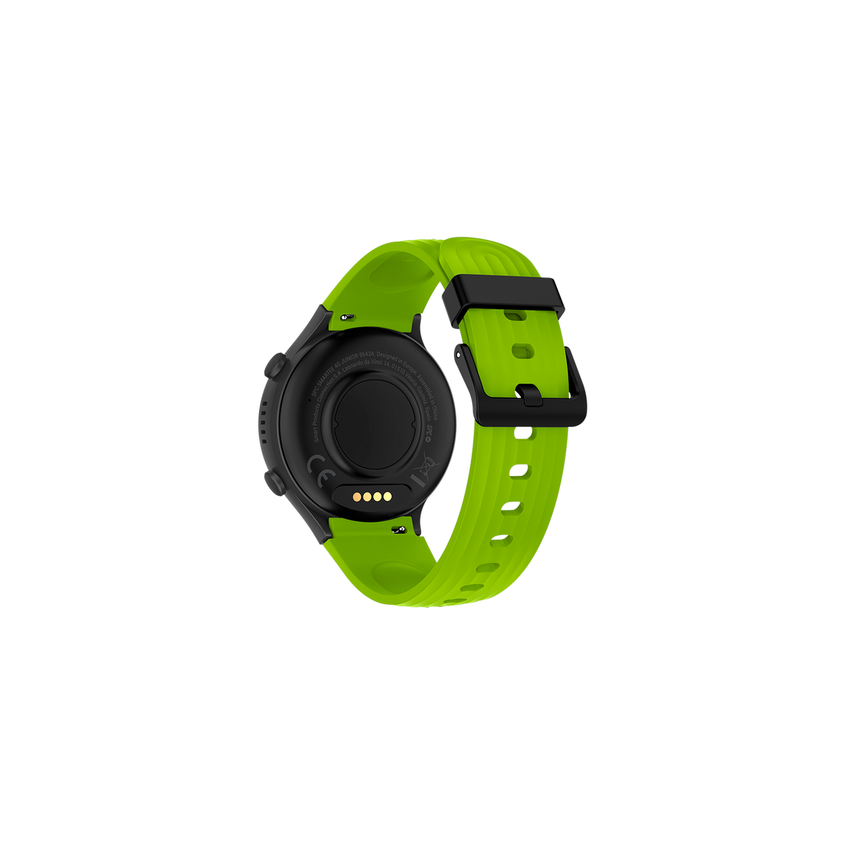 Smartwatch, Rückansicht, mit grünem Armband und schwarzer Schnalle. Rückseite zeigt Kontakte.