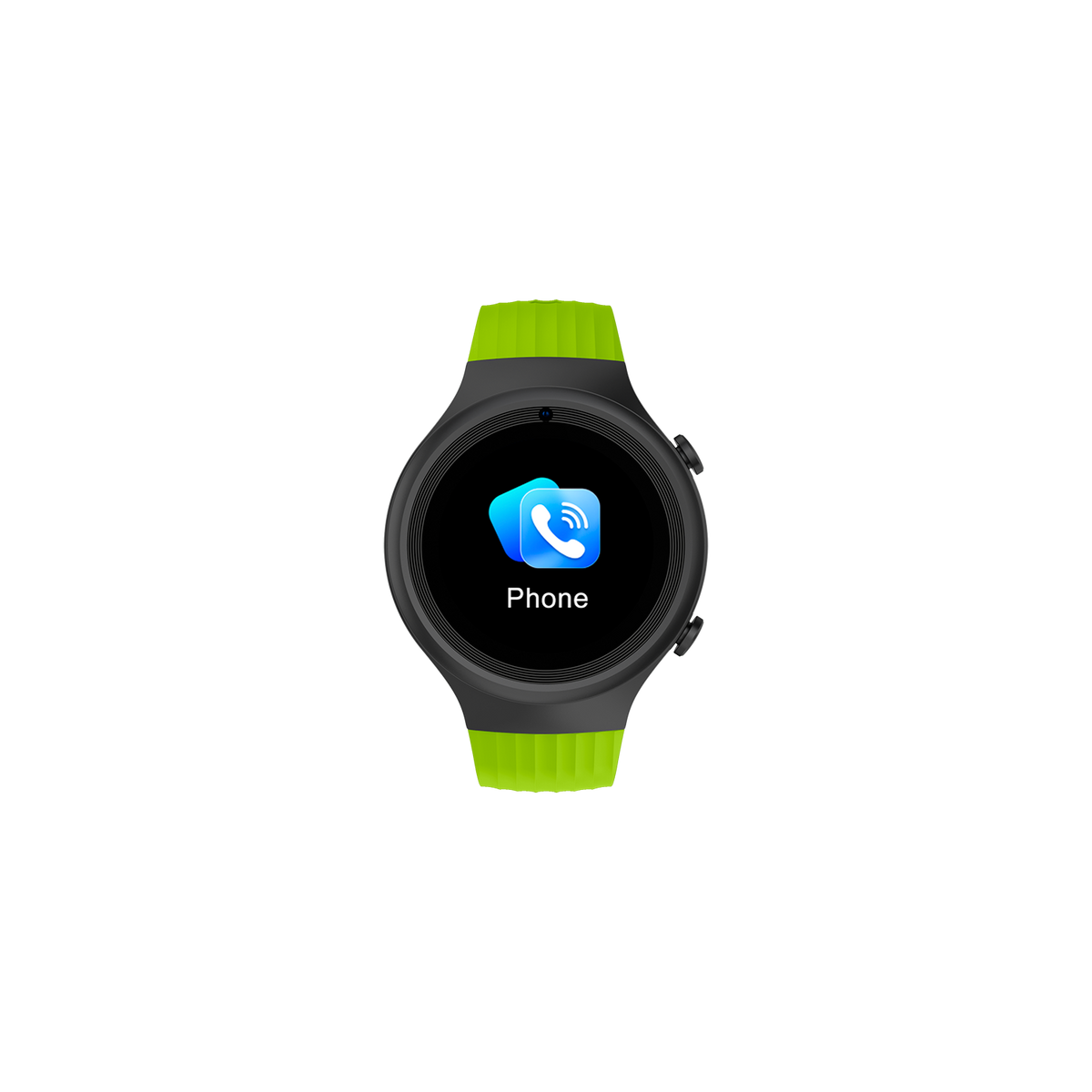 Smartwatch mit Telefonsymbol auf dem Bildschirm und grünem Armband, schwarzer Hintergrund.