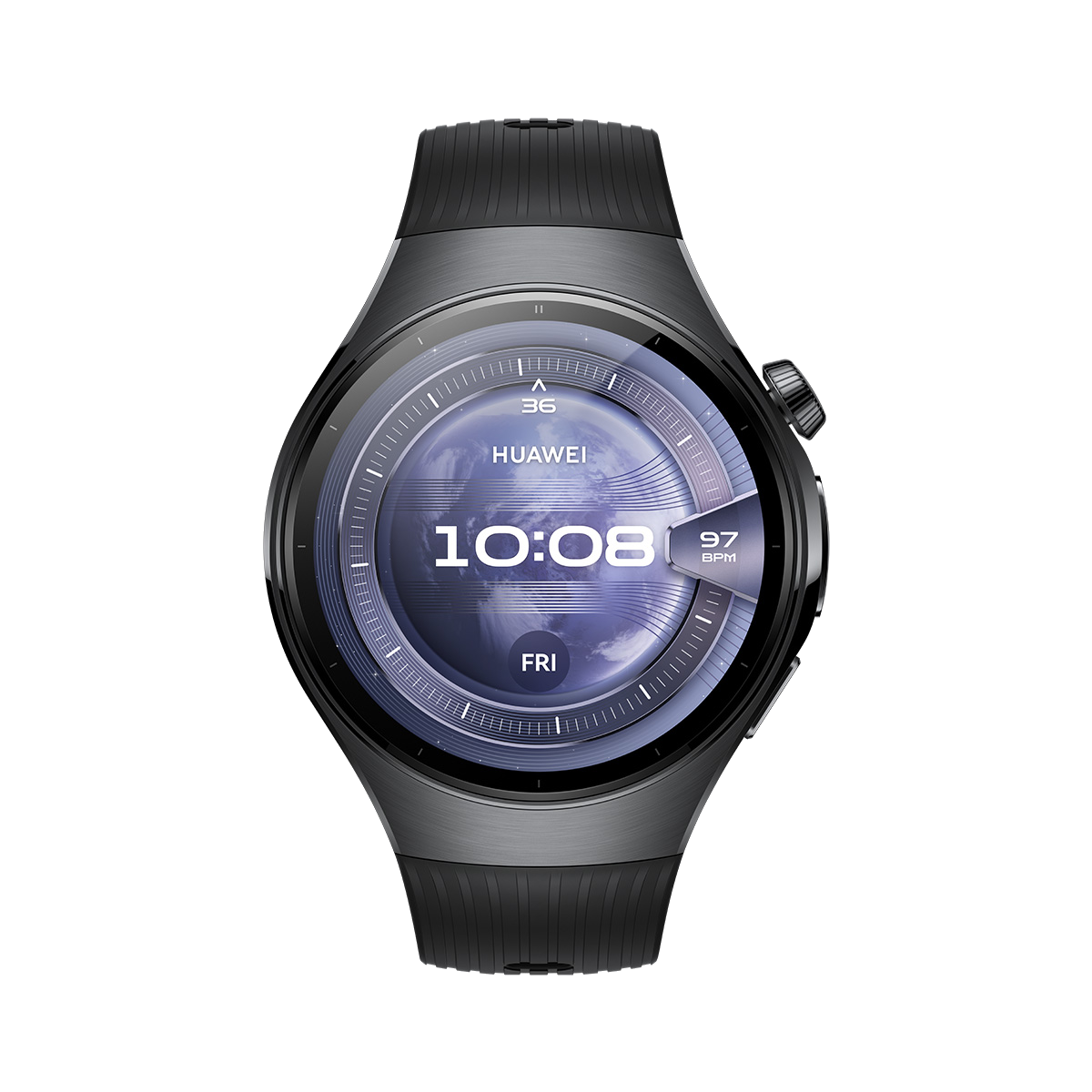 Smartwatch negra con visualización de la hora, sobre fondo negro.