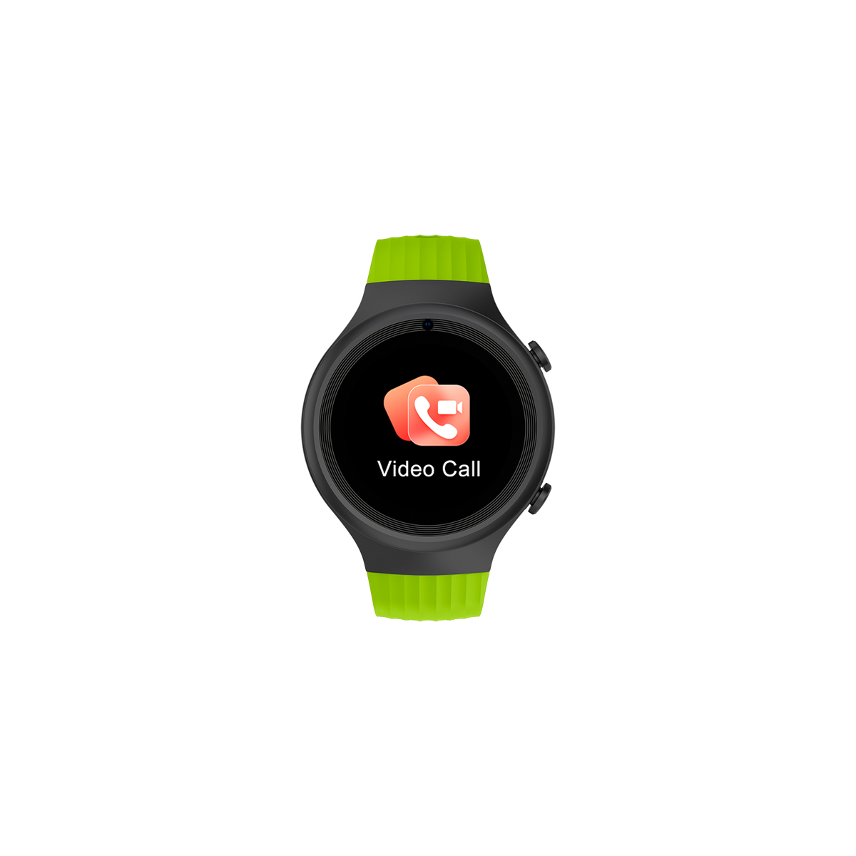 Smartwatch mit Videoanruf-Symbol auf dem Bildschirm, grünem Armband, schwarzem Gehäuse, auf schwarzem Hintergrund.